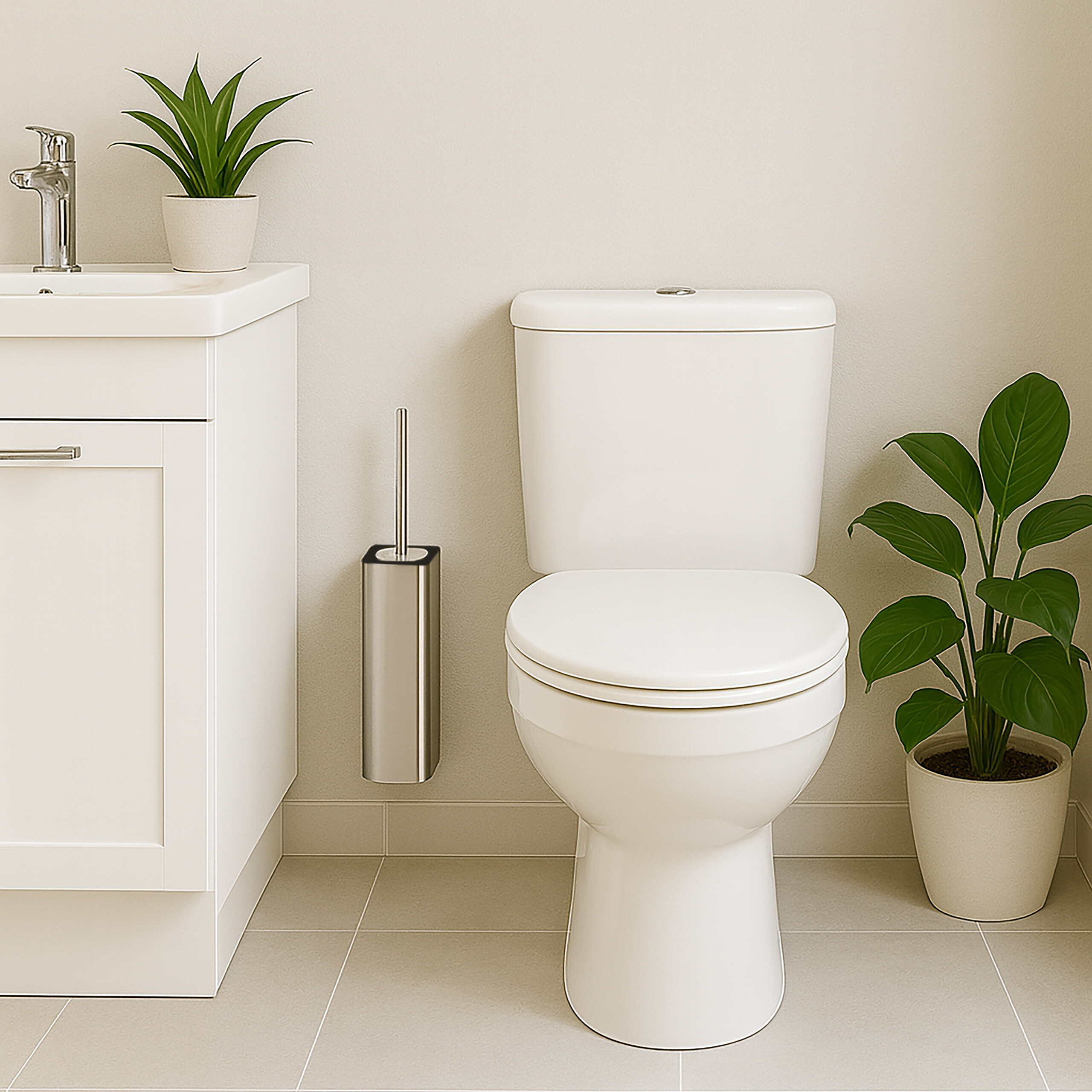 Moderne weiße Toilette neben Waschbecken, Toilettenbürste und grünen Topfpflanzen.