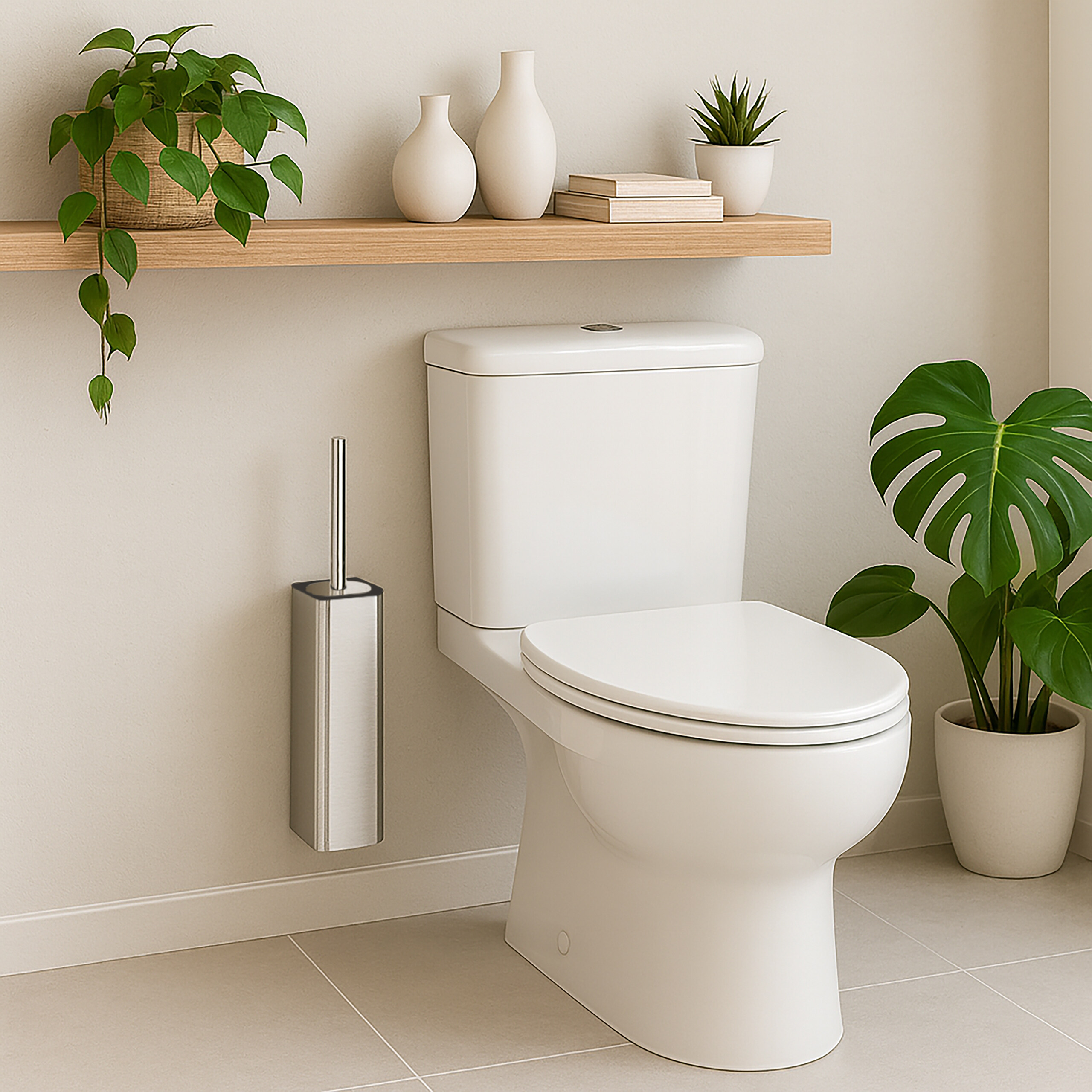 Eine weiße Toilette, ein Toilettenbürstenhalter, ein Holzregal mit Vasen und Pflanzen sowie eine Monstera im Topf.