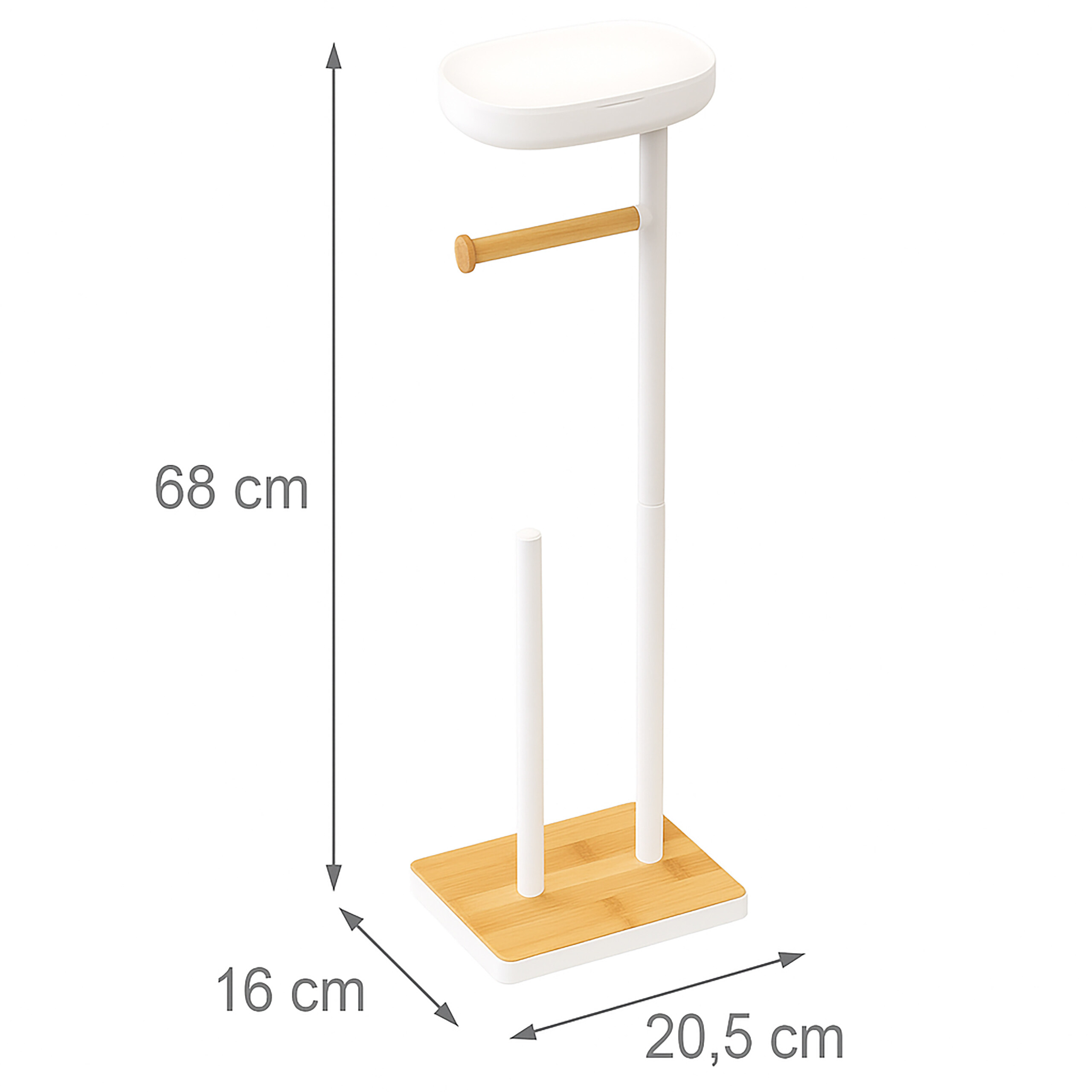 Ein weißer und hölzerner Toilettenpapierhalter mit Ablage, 68 cm hoch, 20,5 cm breit und 16 cm tief.