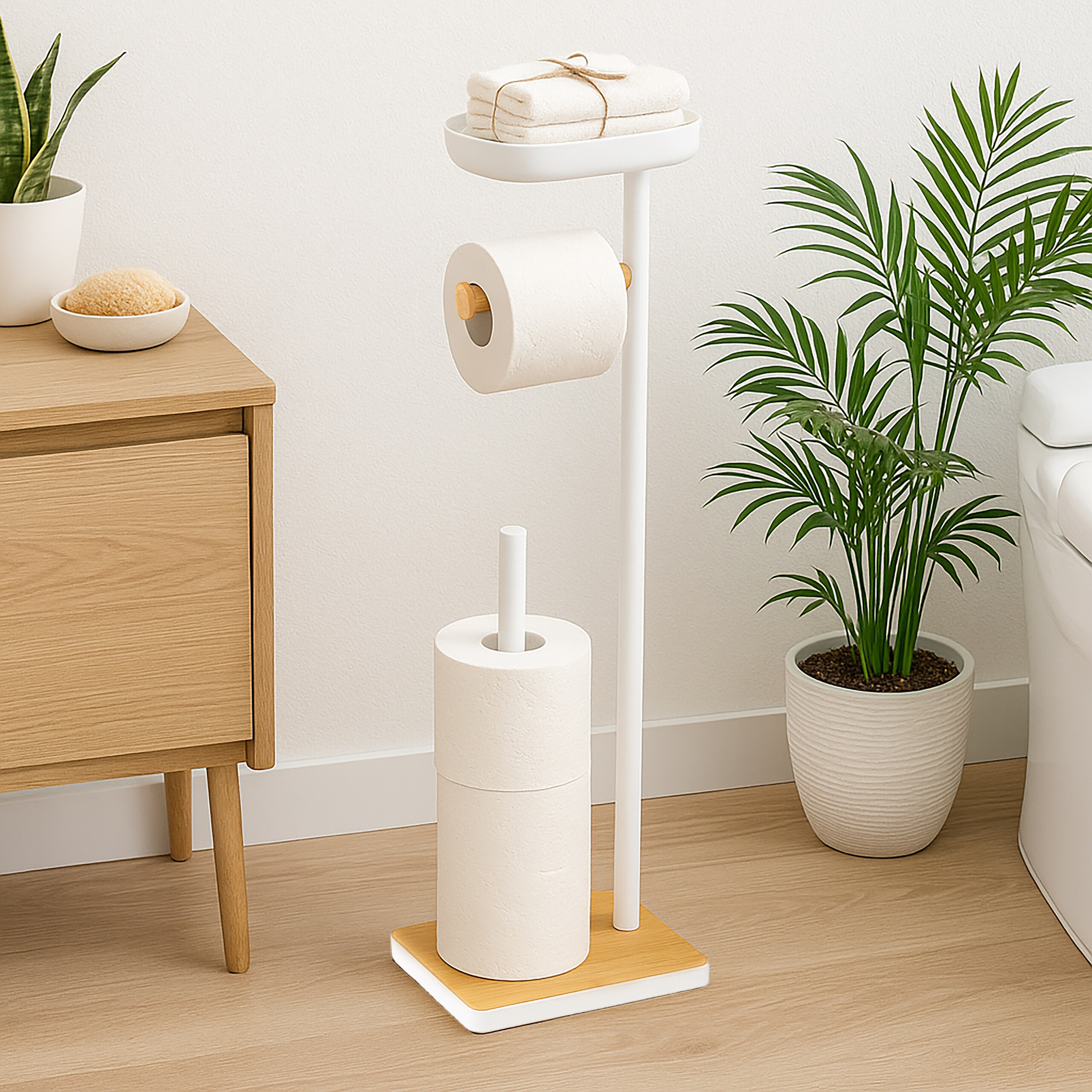 Ein weißer Toilettenpapierhalter mit Holzfuß hält Rollen, gefaltete Handtücher und verfügt über einen Bürstenhalter.