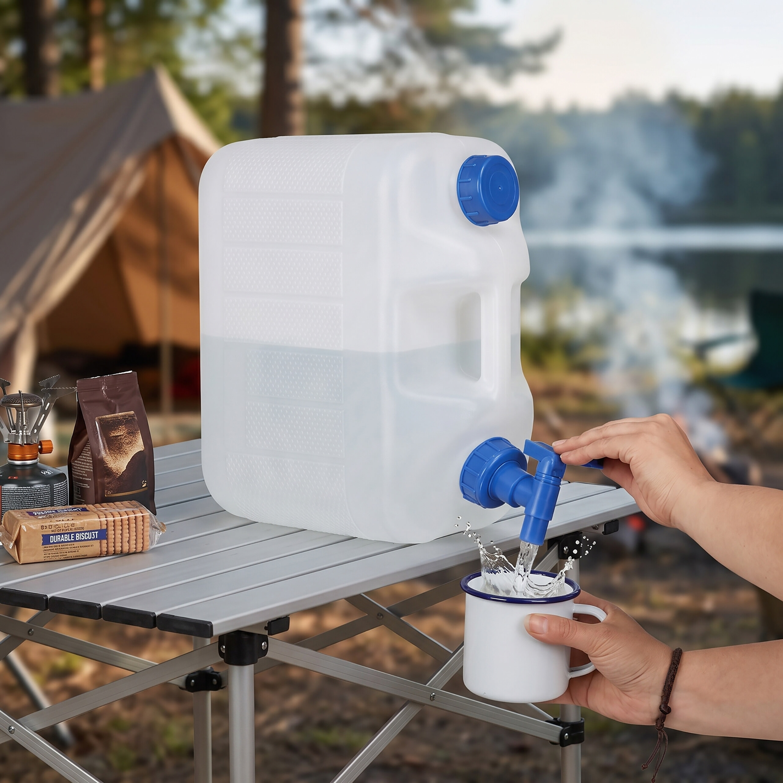 Wasserkonus mit blauem Hahn füllt einen Becher auf einem Campingtisch.