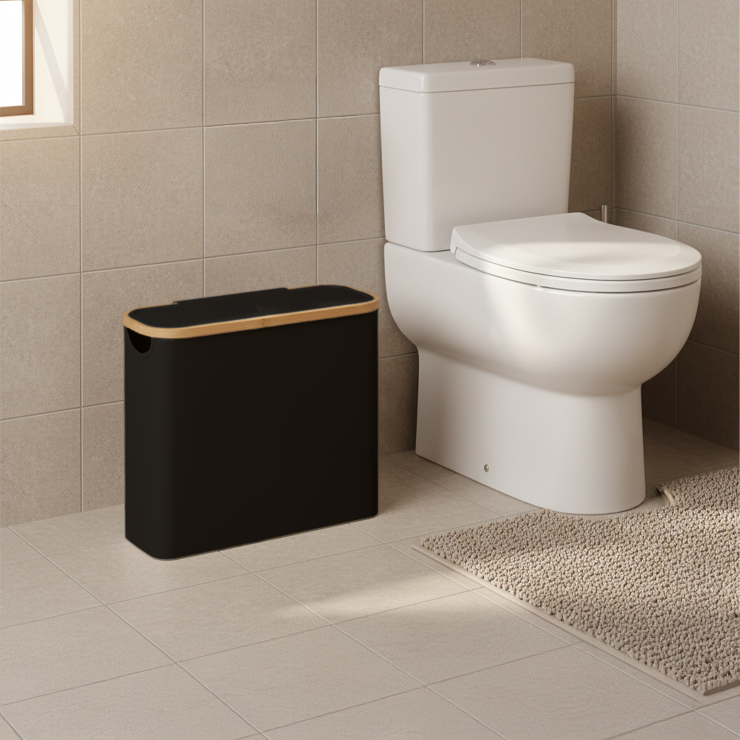 Eine weiße Toilette steht in einem Bad mit hellbraunen Fliesen, daneben ein schwarzer Mülleimer und ein Badteppich.