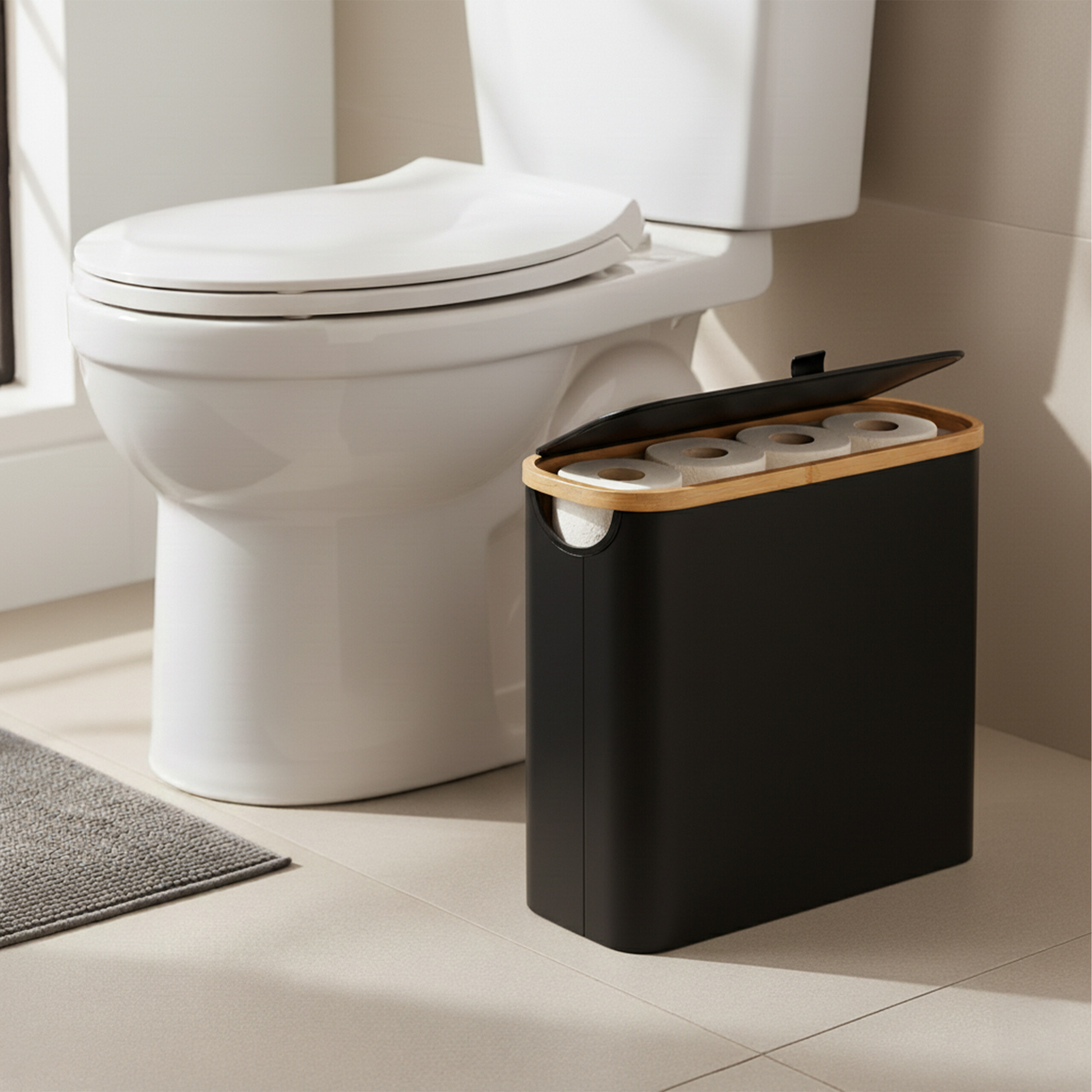 Ein weißes WC und ein schwarzer Toilettenpapierhalter mit Holzrand in einem hellen Badezimmer.