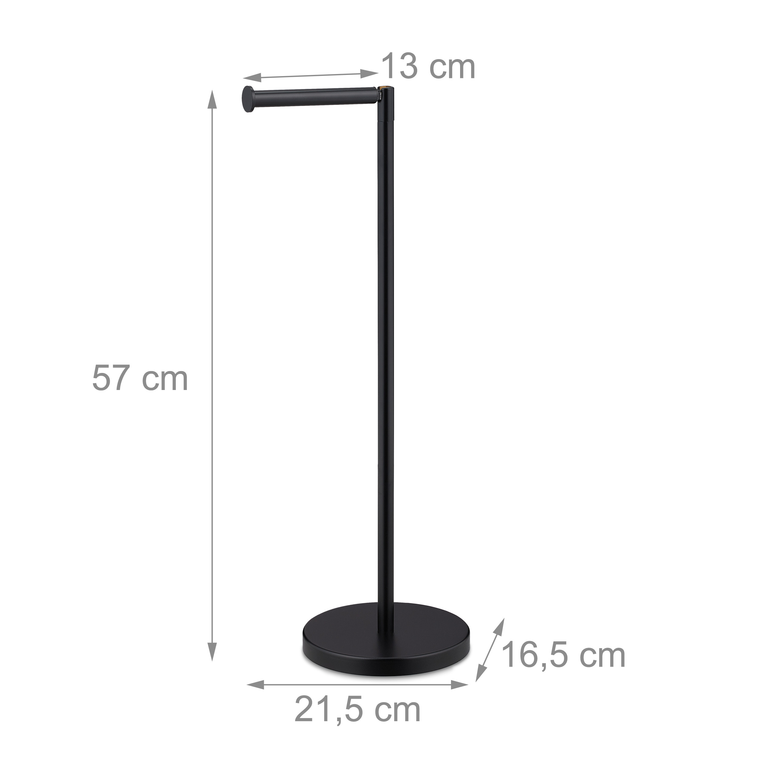 Ein schwarzer, freistehender Toilettenpapierhalter mit Maßen: 57 cm hoch, 13 cm breiter Arm und 21,5 cm Fuß.