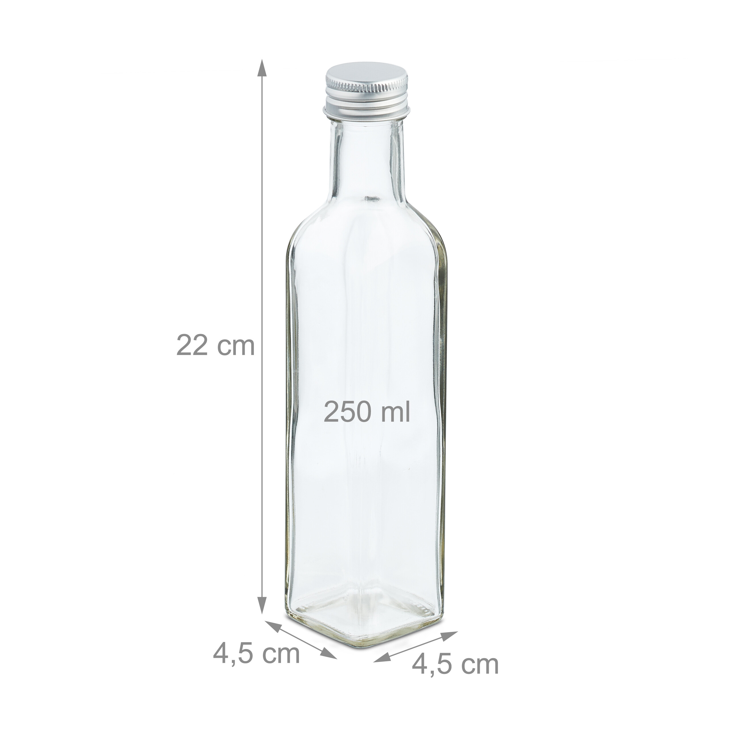 Eine leere, transparente 250ml Glasflasche mit silbernem Deckel und Maßangaben.