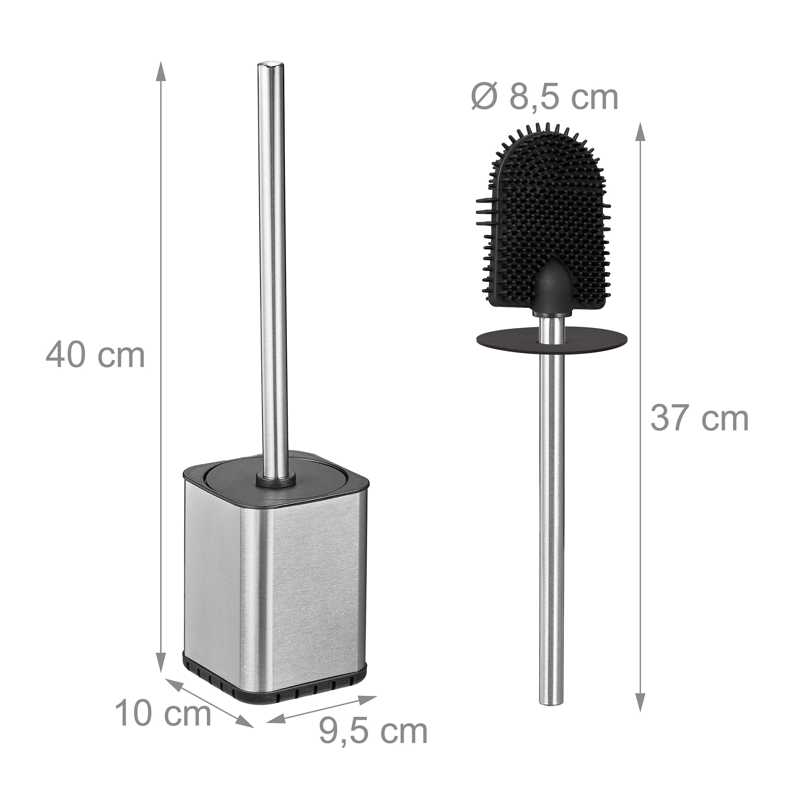 Edelstahl-Toilettenbürste mit schwarzem Silikonkopf und Halter, mit Maßen.