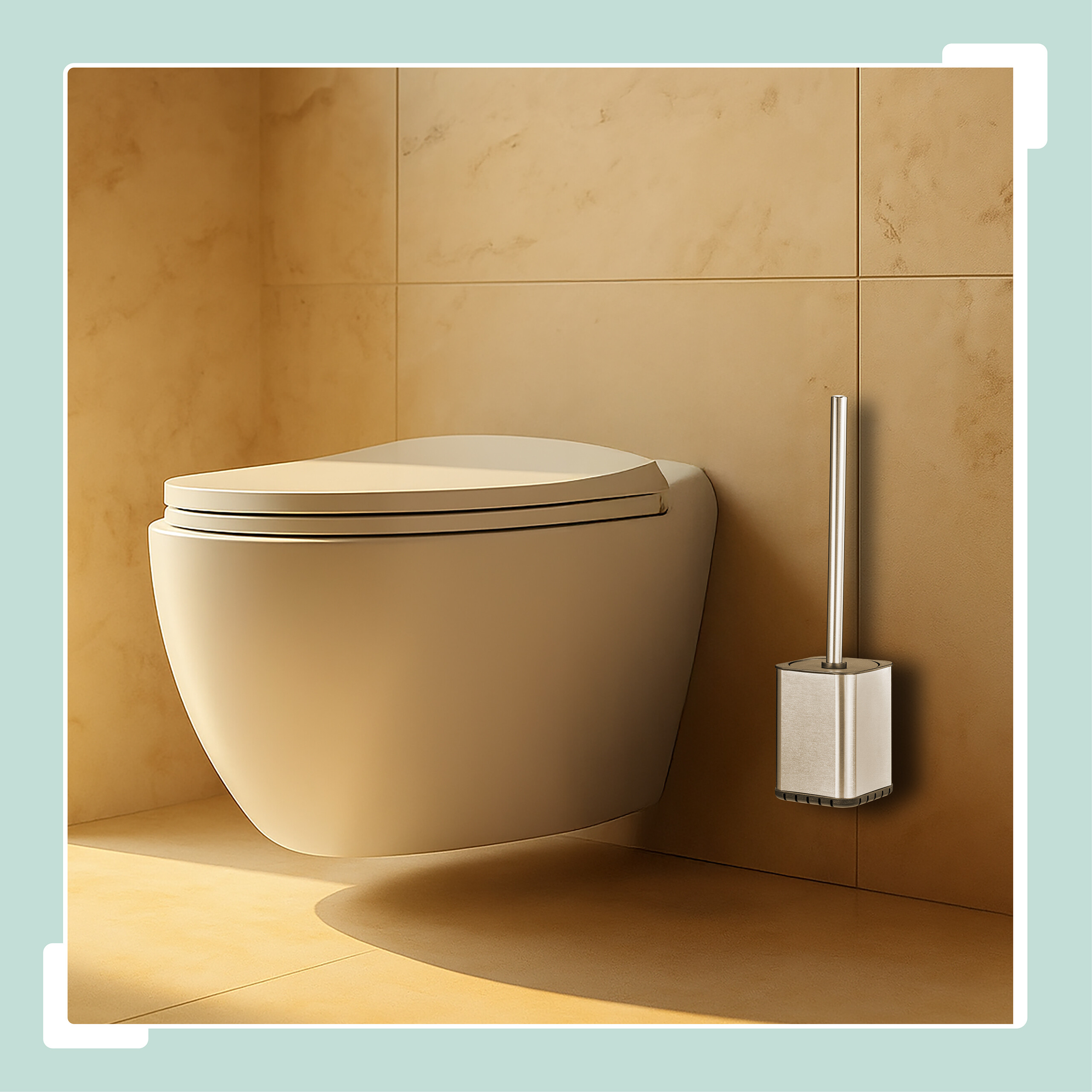 Moderne wandhängende Toilette in Beige mit Toilettenbürste an beigen Fliesenwänden.