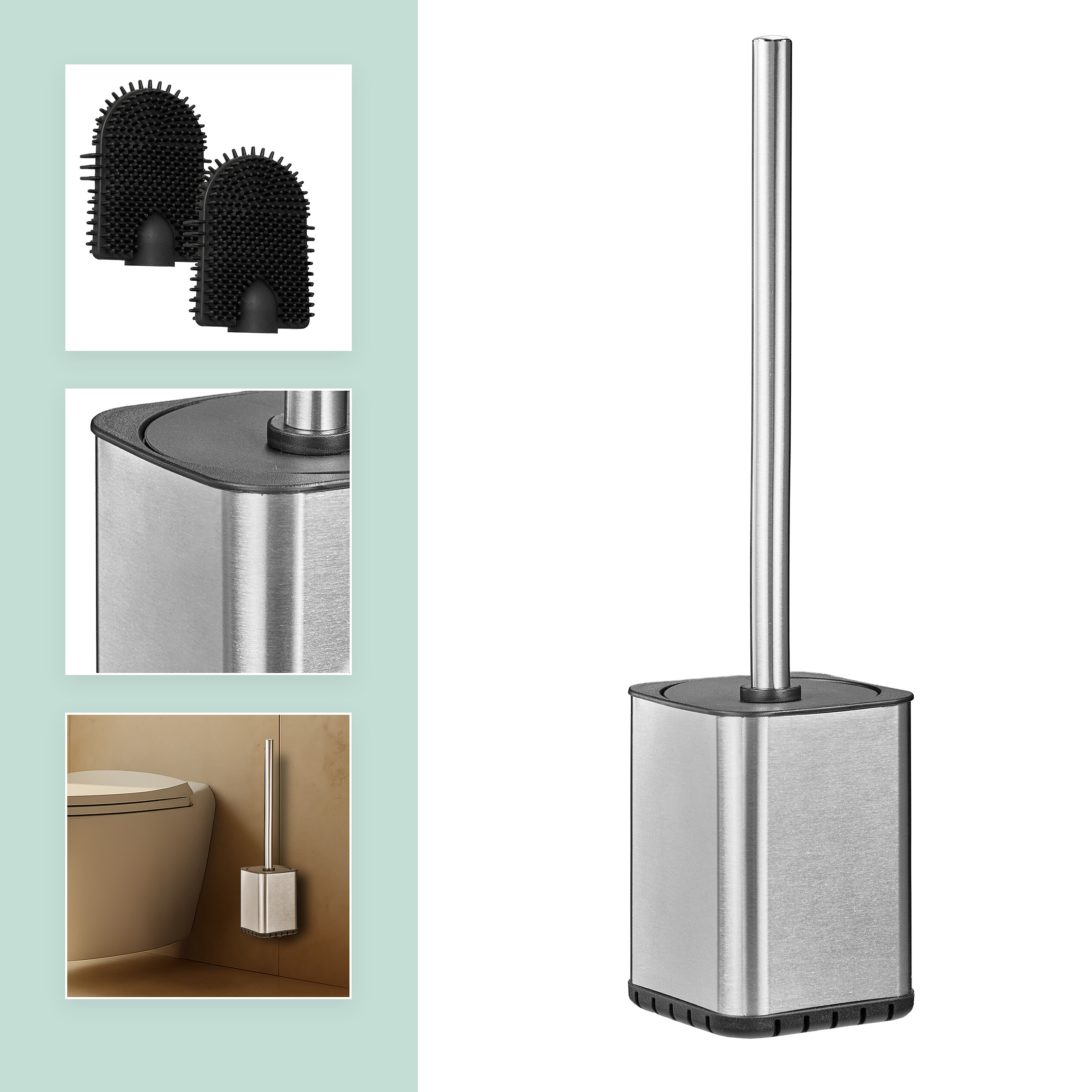 Eine WC-Bürste aus Edelstahl mit passendem Halter, Gummiborsten und Einsatzdetails.
