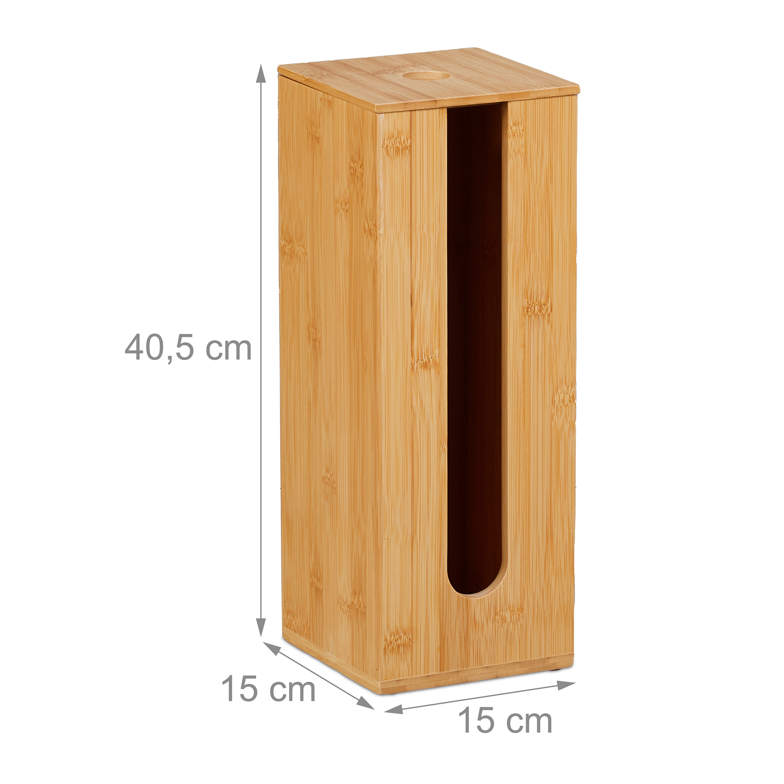 Bambus-Toilettenpapierhalter mit Maßen 40,5 x 15 x 15 cm auf weißem Hintergrund.