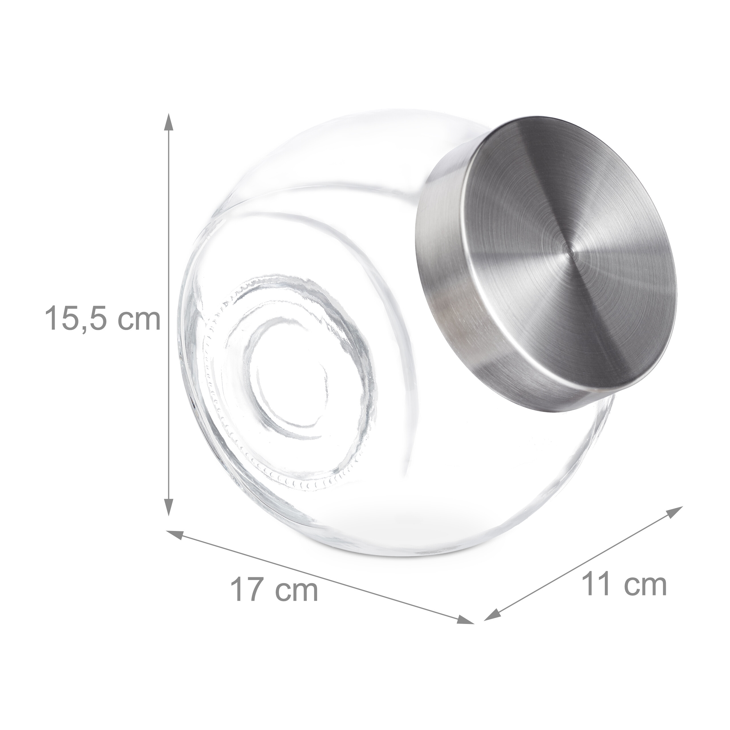 Klares Vorratsglas aus Glas mit Edelstahldeckel, mit Maßpfeilen für 15,5 cm, 17 cm und 11 cm.