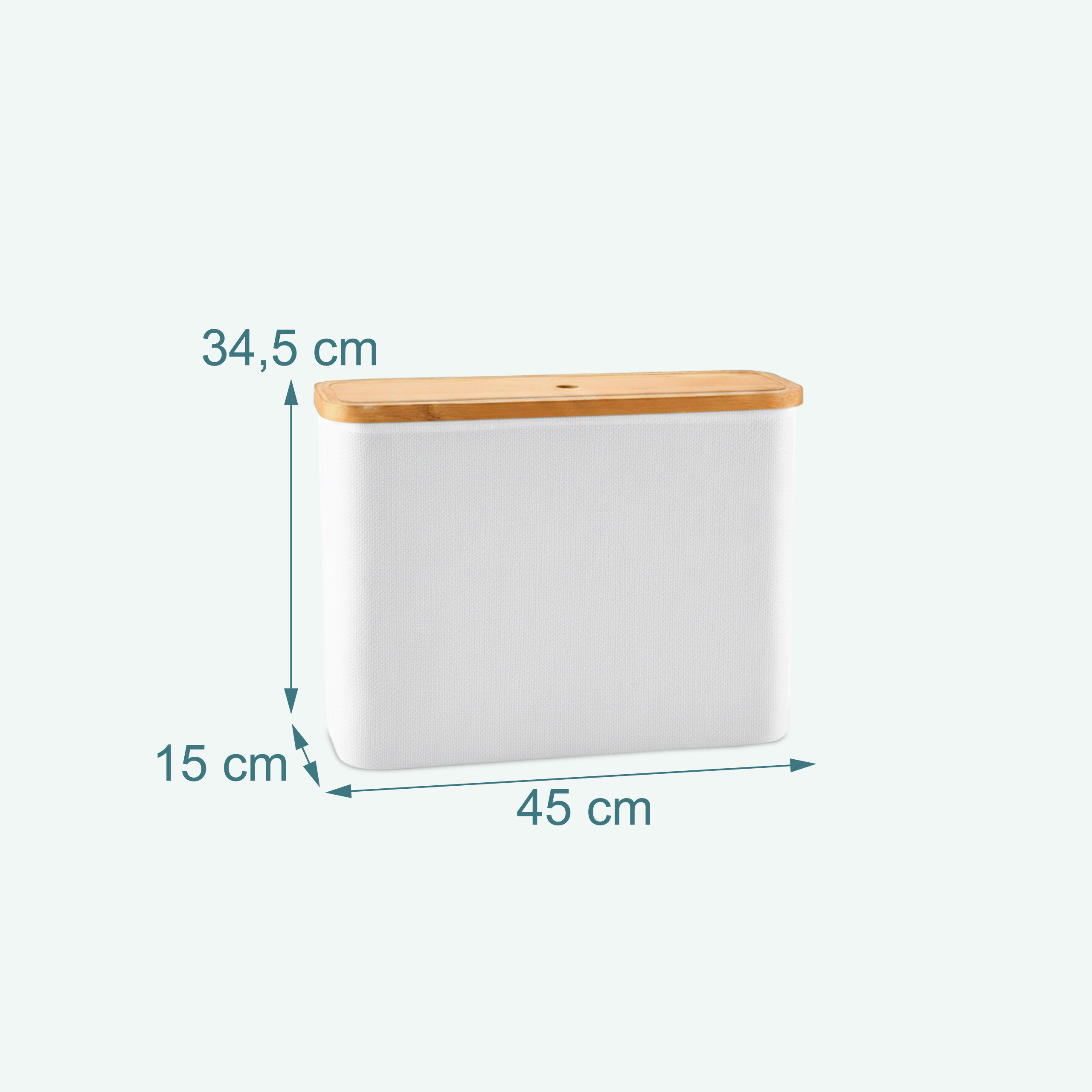 Weißer Organizer mit Holzdeckel, Abmessungen 45 cm Breite, 15 cm Tiefe und 34,5 cm Höhe.