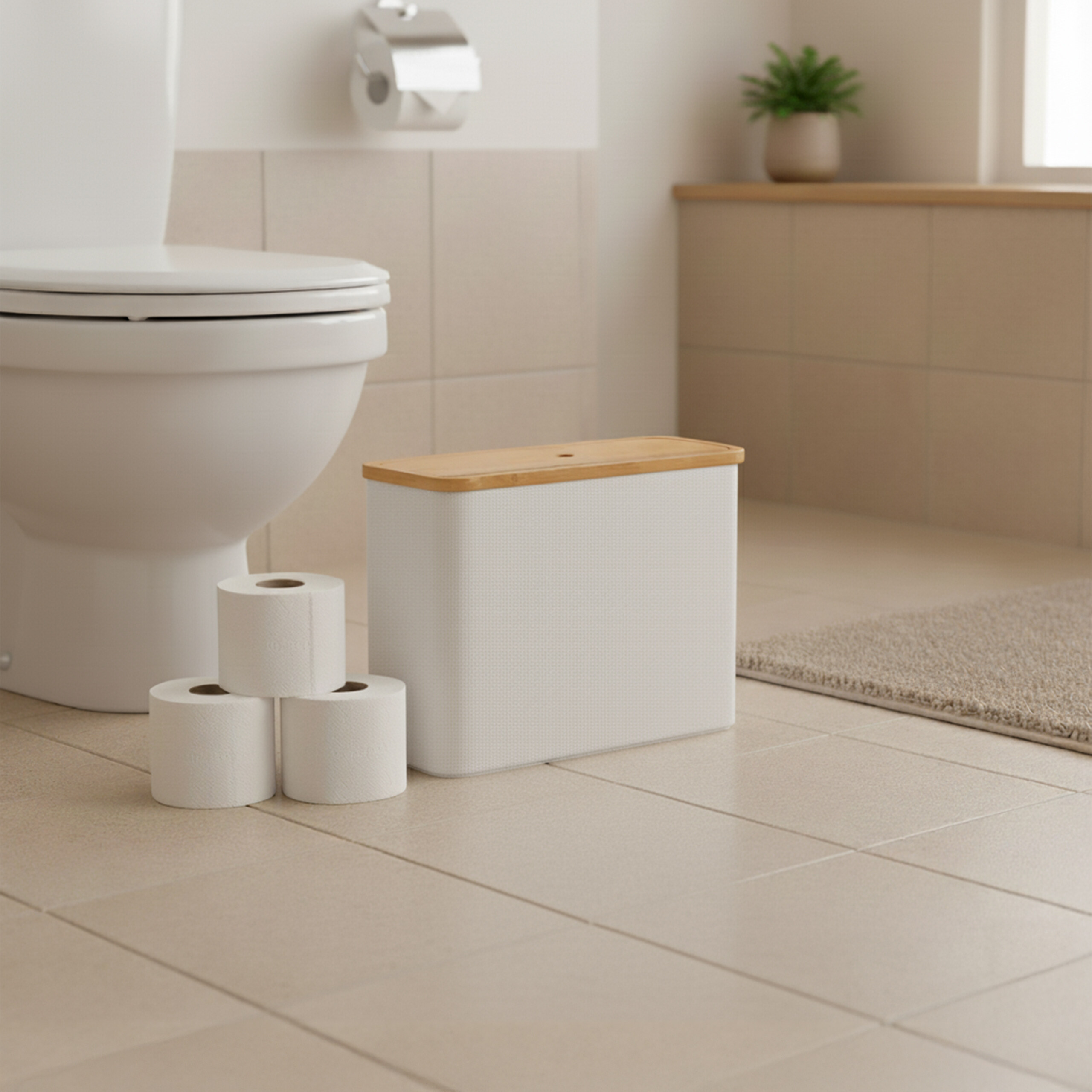 Ein weißer Toilettenpapierhalter mit Holzdeckel steht neben einer Toilette, Rollen Toilettenpapier davor.