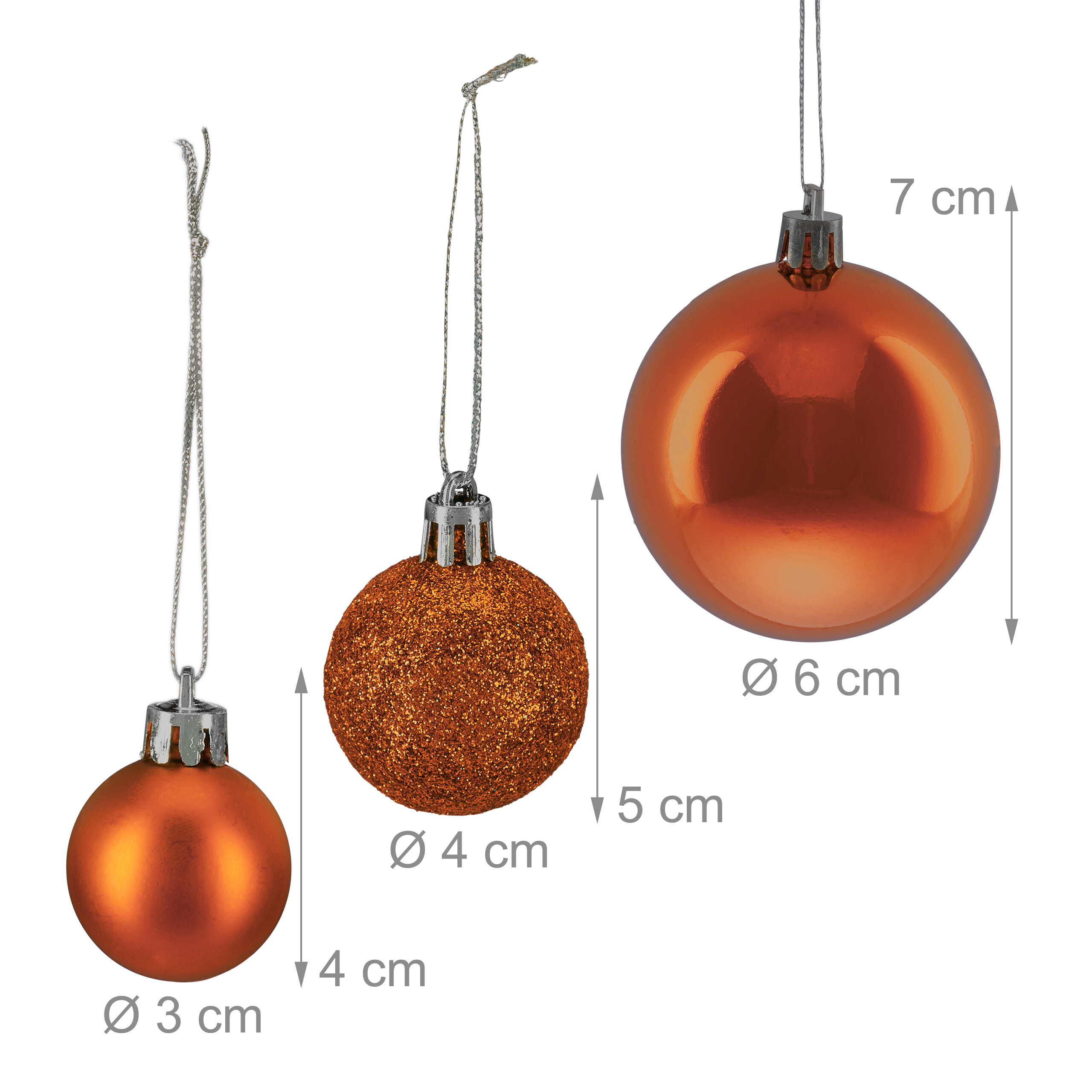 Drei kupferfarbene Weihnachtskugeln mit angegebenen Maßen und Durchmessern.