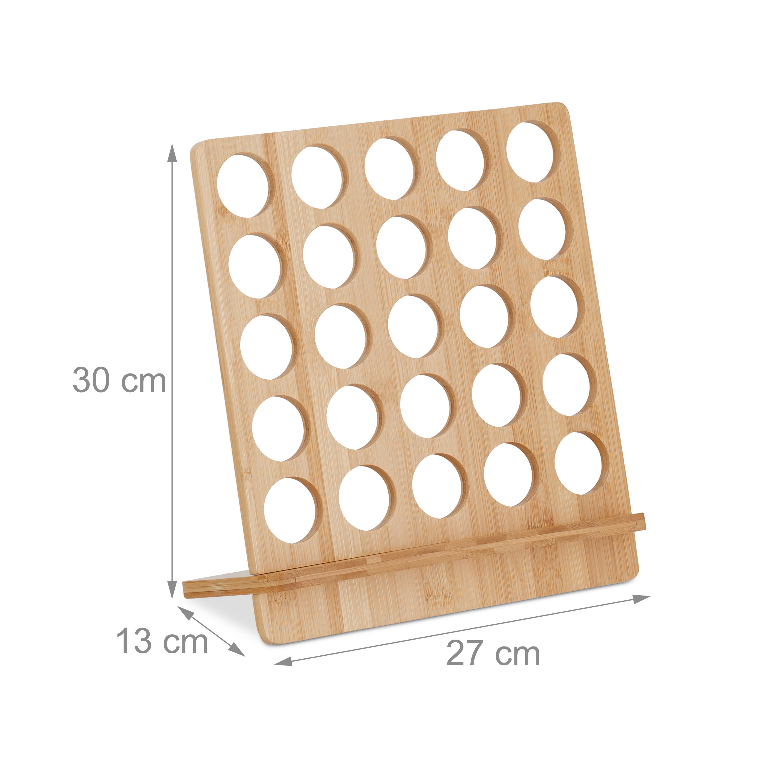 Ein Holzspielbrett mit fünf mal fünf Löchern und Maßangaben in Zentimetern.