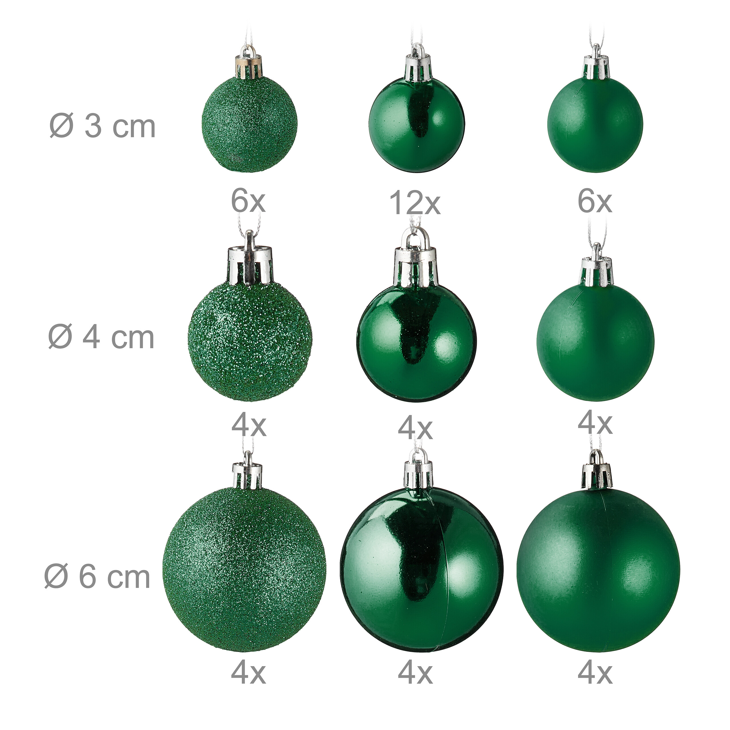 Grüne Weihnachtskugeln in verschiedenen Größen von 3 cm bis 6 cm, aufgeteilt in Glitzer, glänzend und matt.