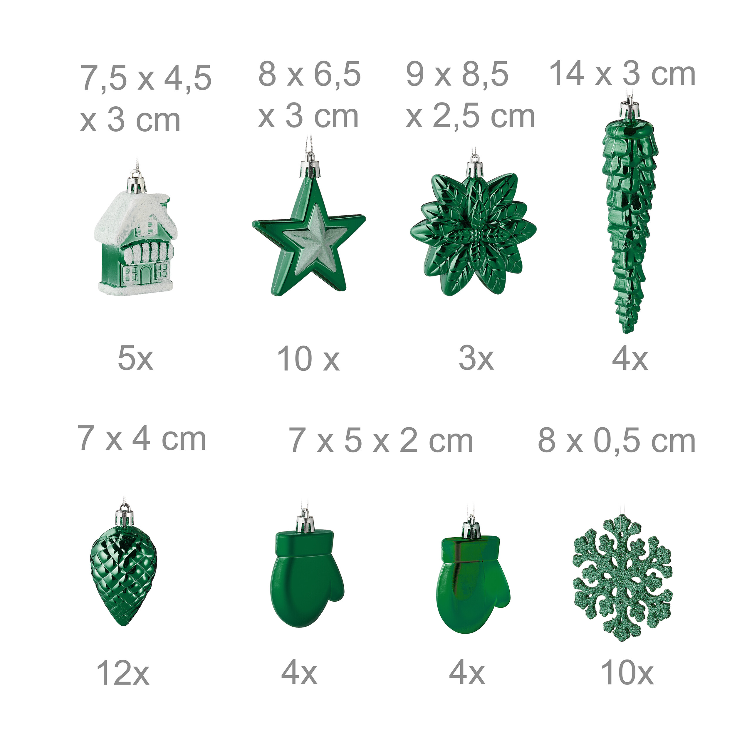 Grüne Christbaumkugeln in verschiedenen Formen mit Maßangaben und Stückzahlen.