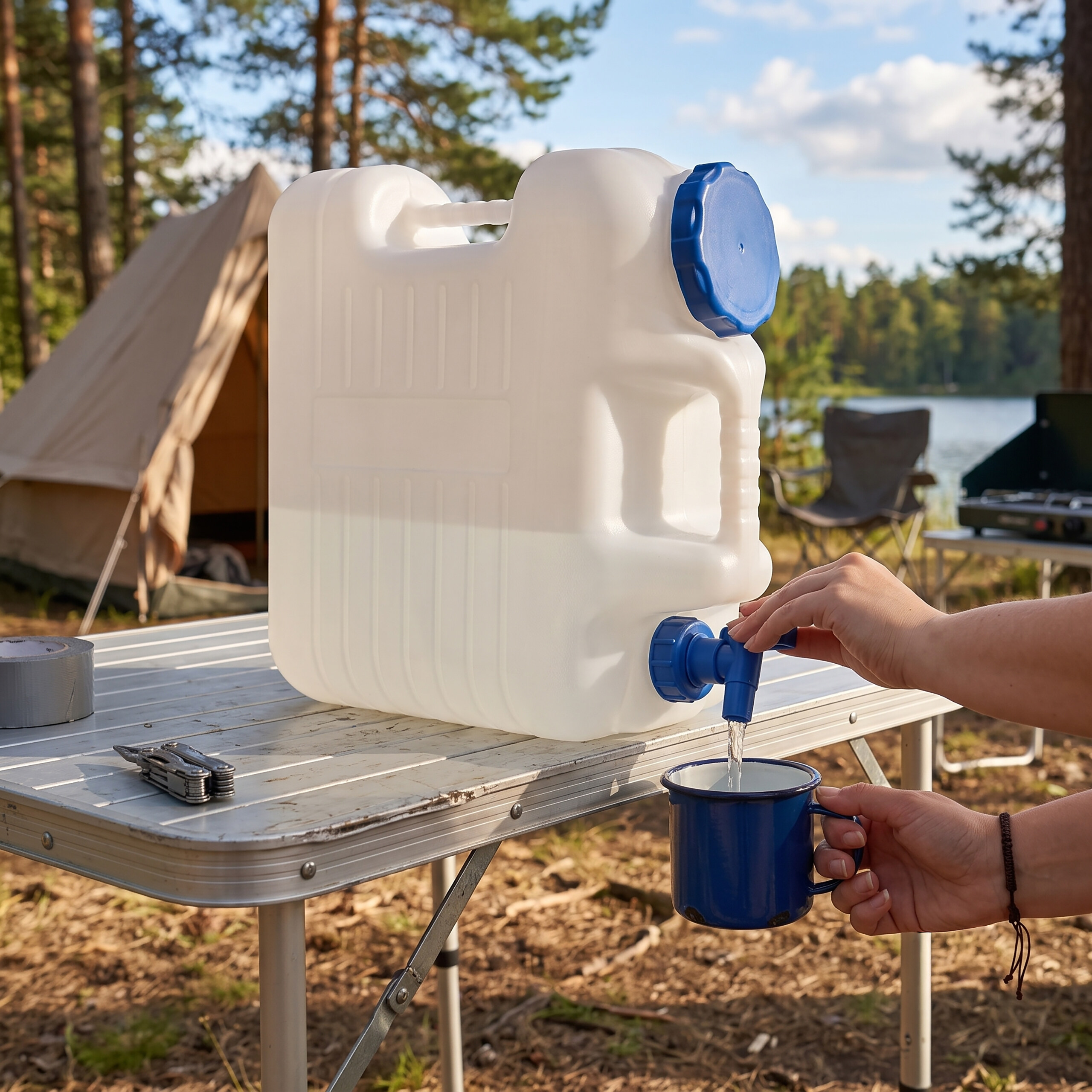Eine Person gießt Wasser aus einem großen Camping-Kanister in eine blaue Metalltasse.