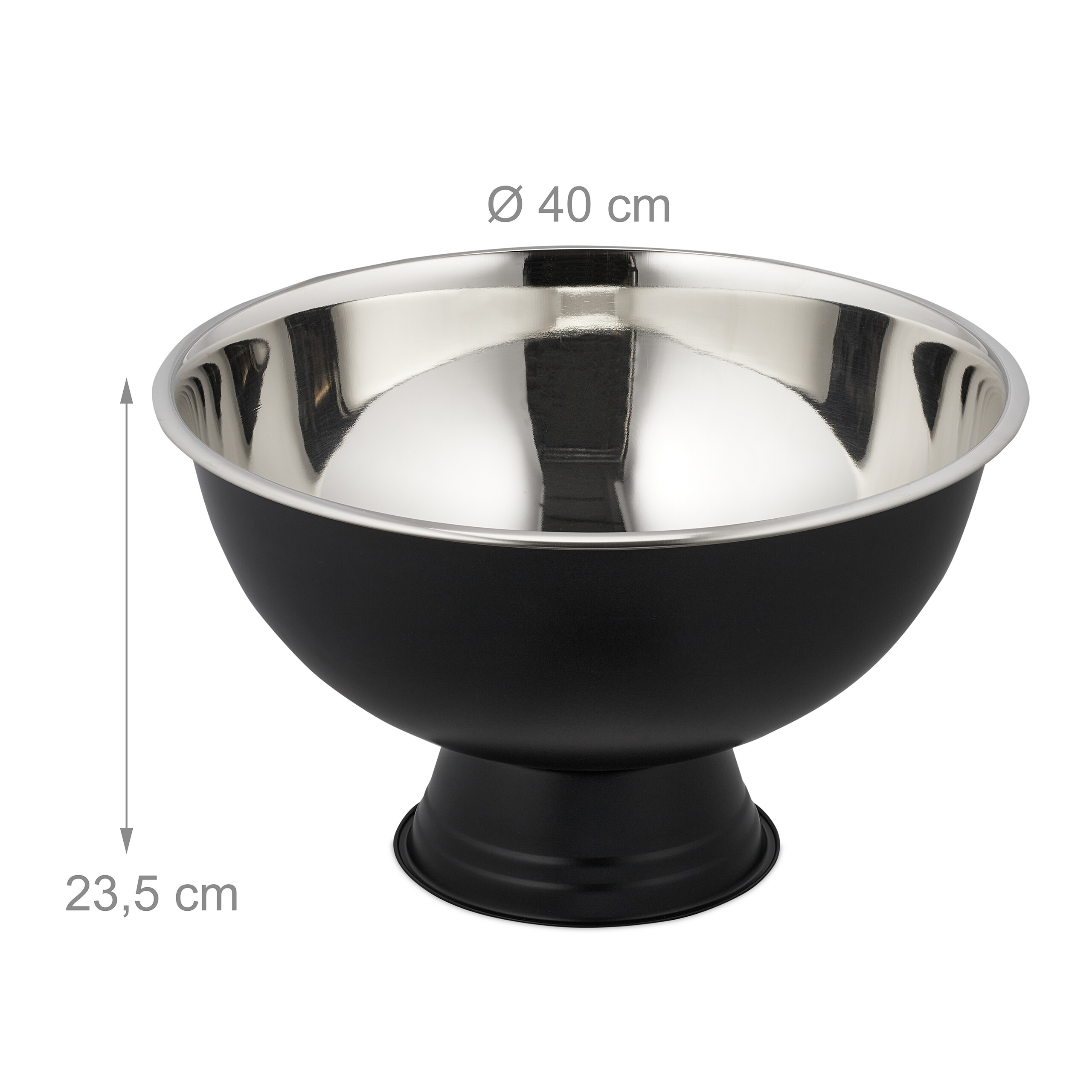 Eine schwarze Schale mit silbernem Innenraum auf einem Standfuß, Durchmesser 40 cm, Höhe 23,5 cm, vor weißem Hintergrund.