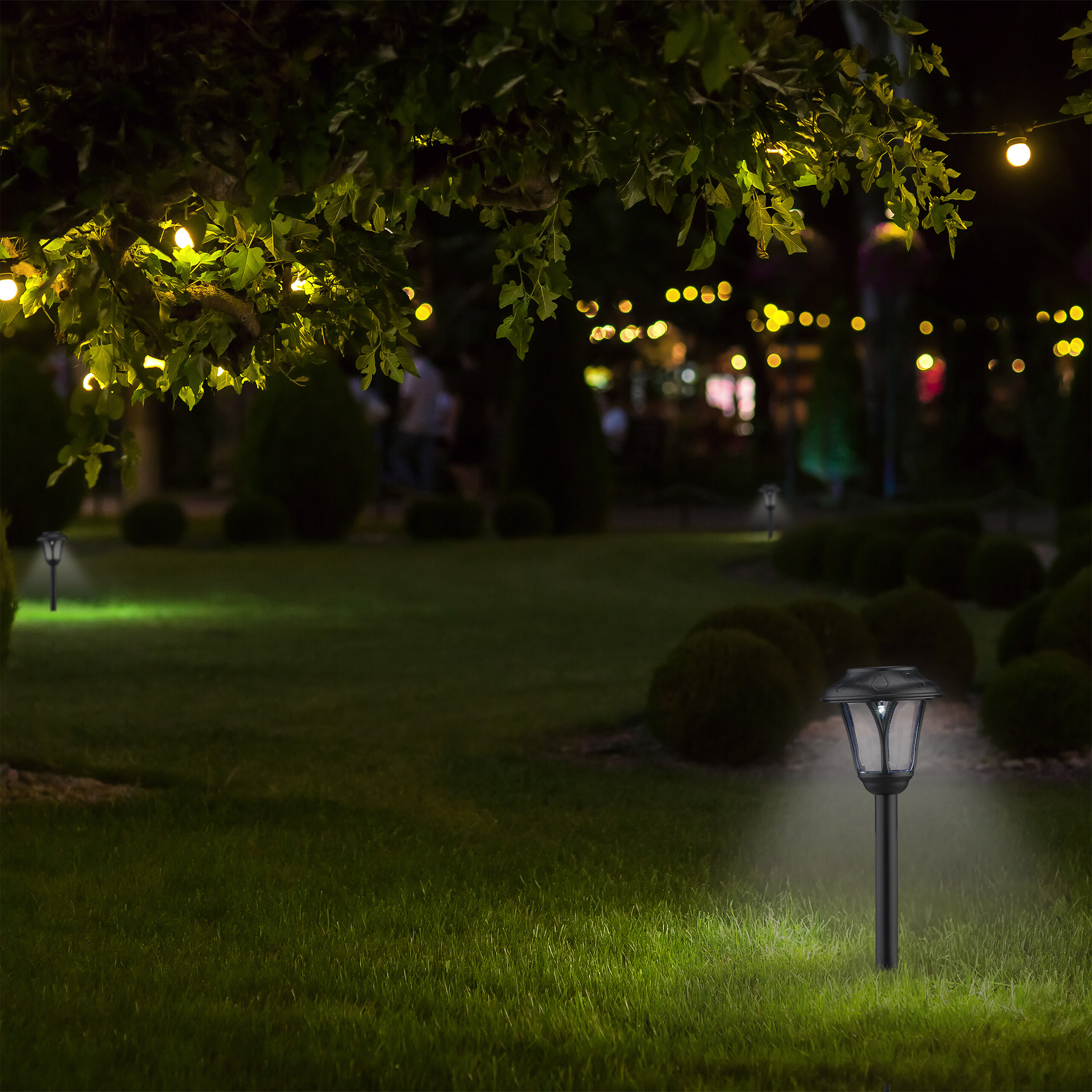 Solar-Gartenleuchten erhellen nachts einen gepflegten Rasen unter Bäumen.