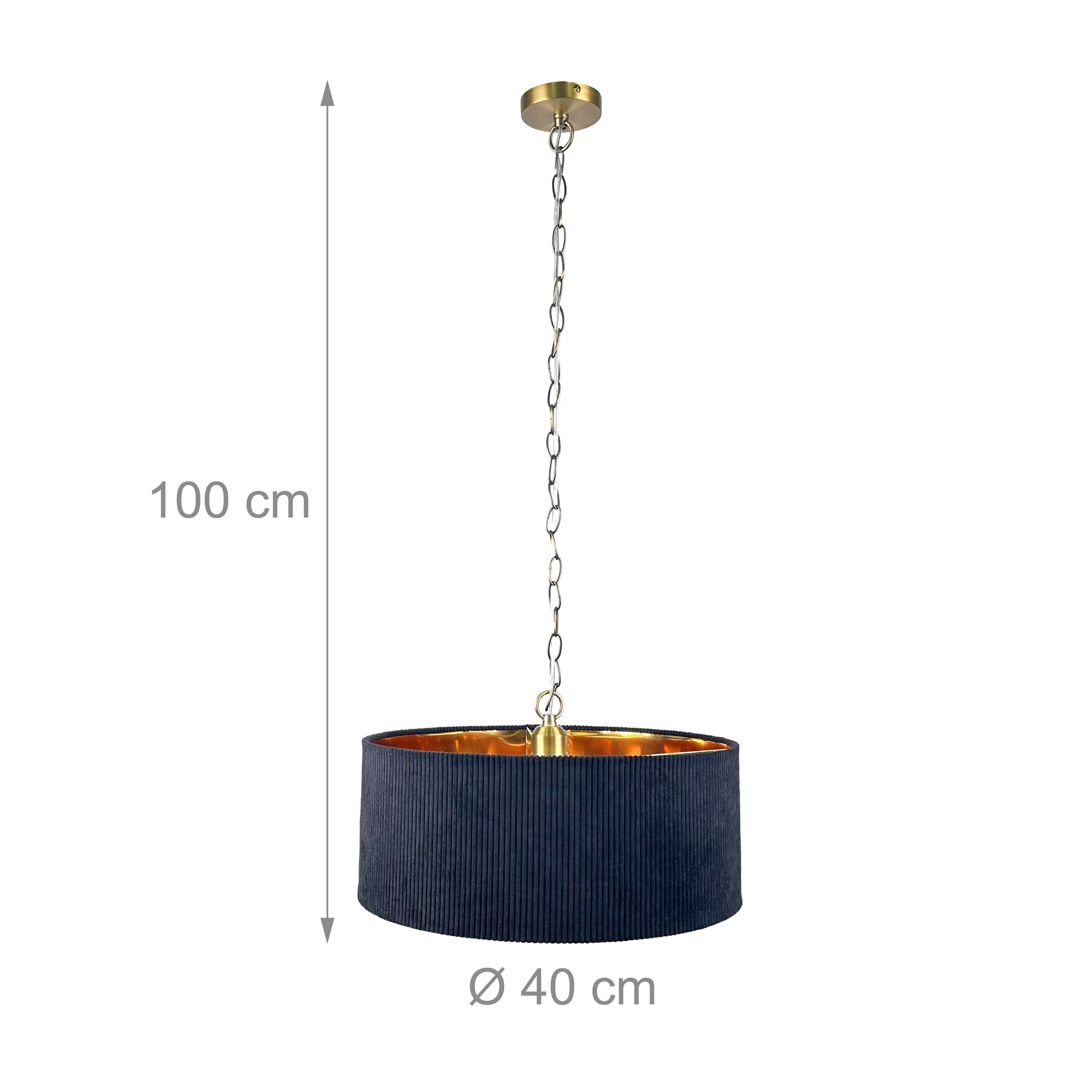Hängende Deckenlampe mit schwarzem Schirm, goldener Innenseite und Kette, 100 cm hoch und 40 cm breit.