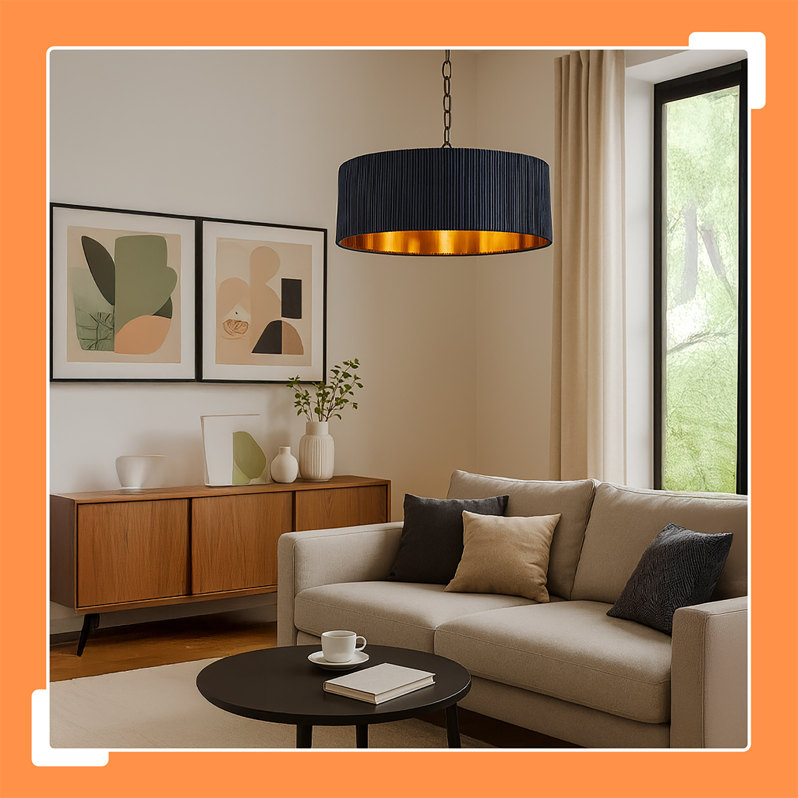 Moderne Wohnzimmereinrichtung mit beigem Sofa, schwarzem Couchtisch und runder Pendelleuchte.