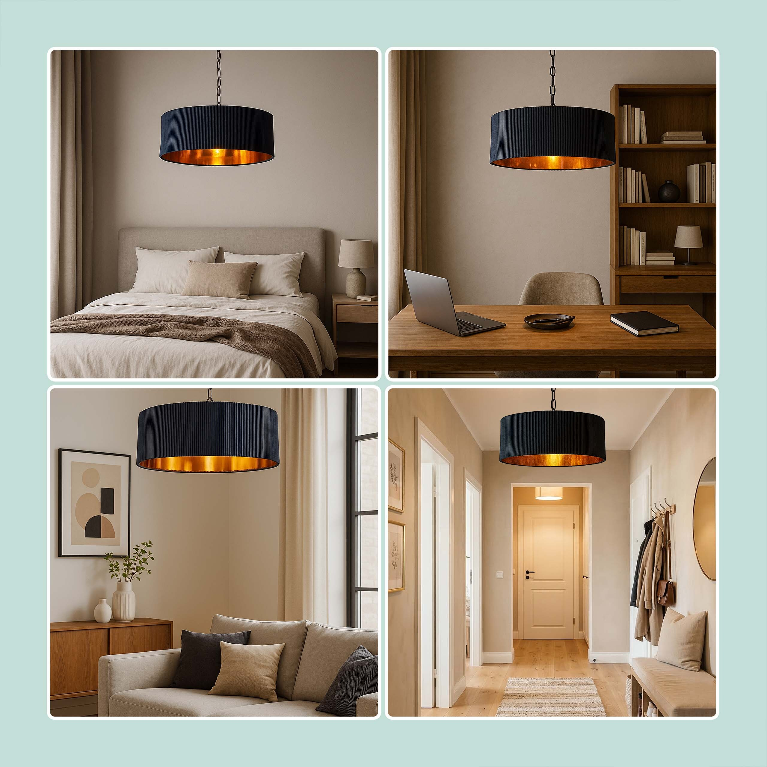 Vier Bilder zeigen die gleiche dunkelblaue Hängeleuchte mit goldenem Inneren in verschiedenen Räumen: Schlafzimmer, Büro, Wohnzimmer und Flur.