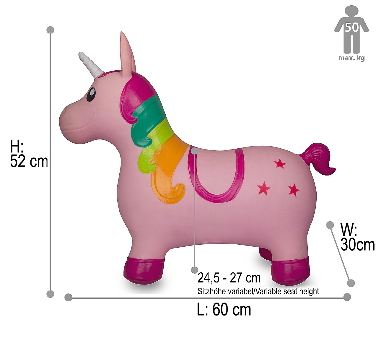Ein rosafarbenes Einhorn-Hüpftier mit Maßangaben: 52 cm Höhe, 60 cm Länge, 30 cm Breite und 50 kg max. Gewicht.