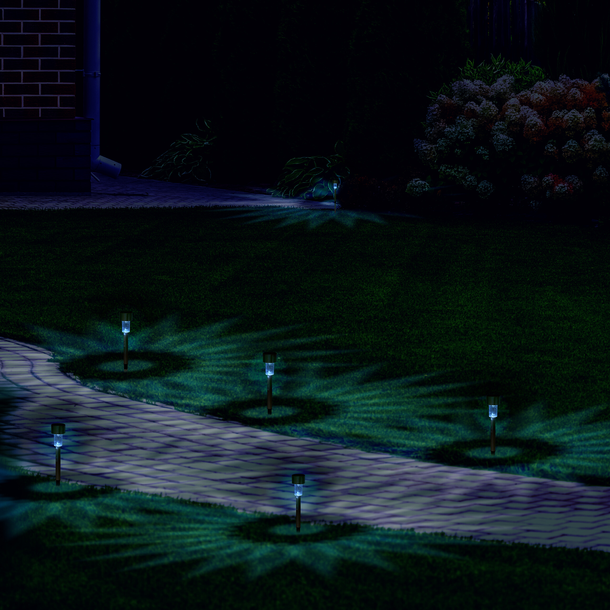 Solar-Gartenleuchten beleuchten einen Gehweg bei Nacht und erzeugen bläuliche sternförmige Lichtmuster im Gras.