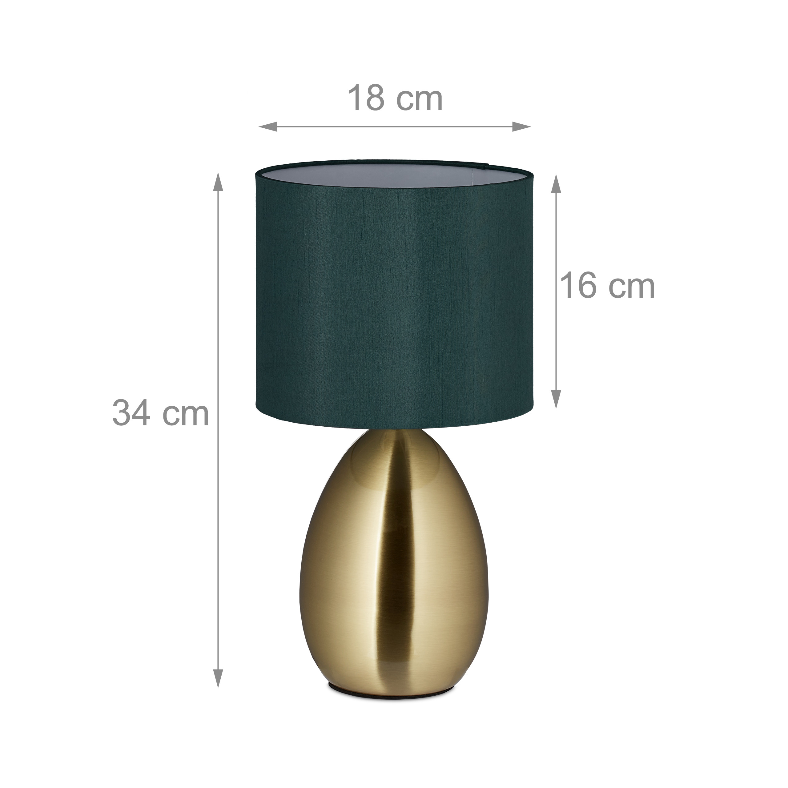 Tischlampe mit goldenem eiförmigem Sockel und dunkelgrünem Schirm, Gesamthöhe 34 cm, auf weißem Hintergrund.