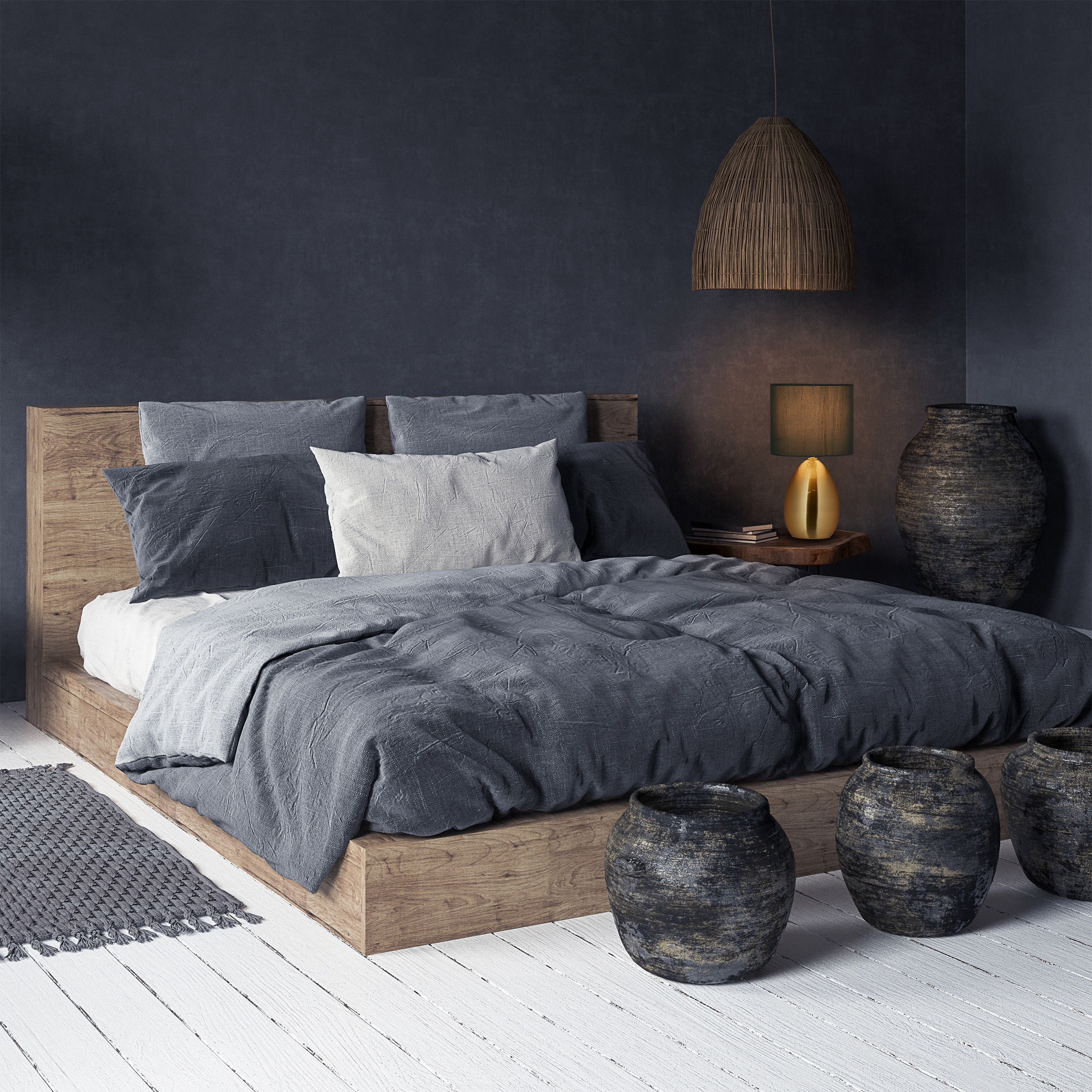 Ein rustikales Schlafzimmer mit Holzbett, grauer Bettwäsche, dunkelblauen Wänden, Hängeleuchte und drei Tongefäßen.