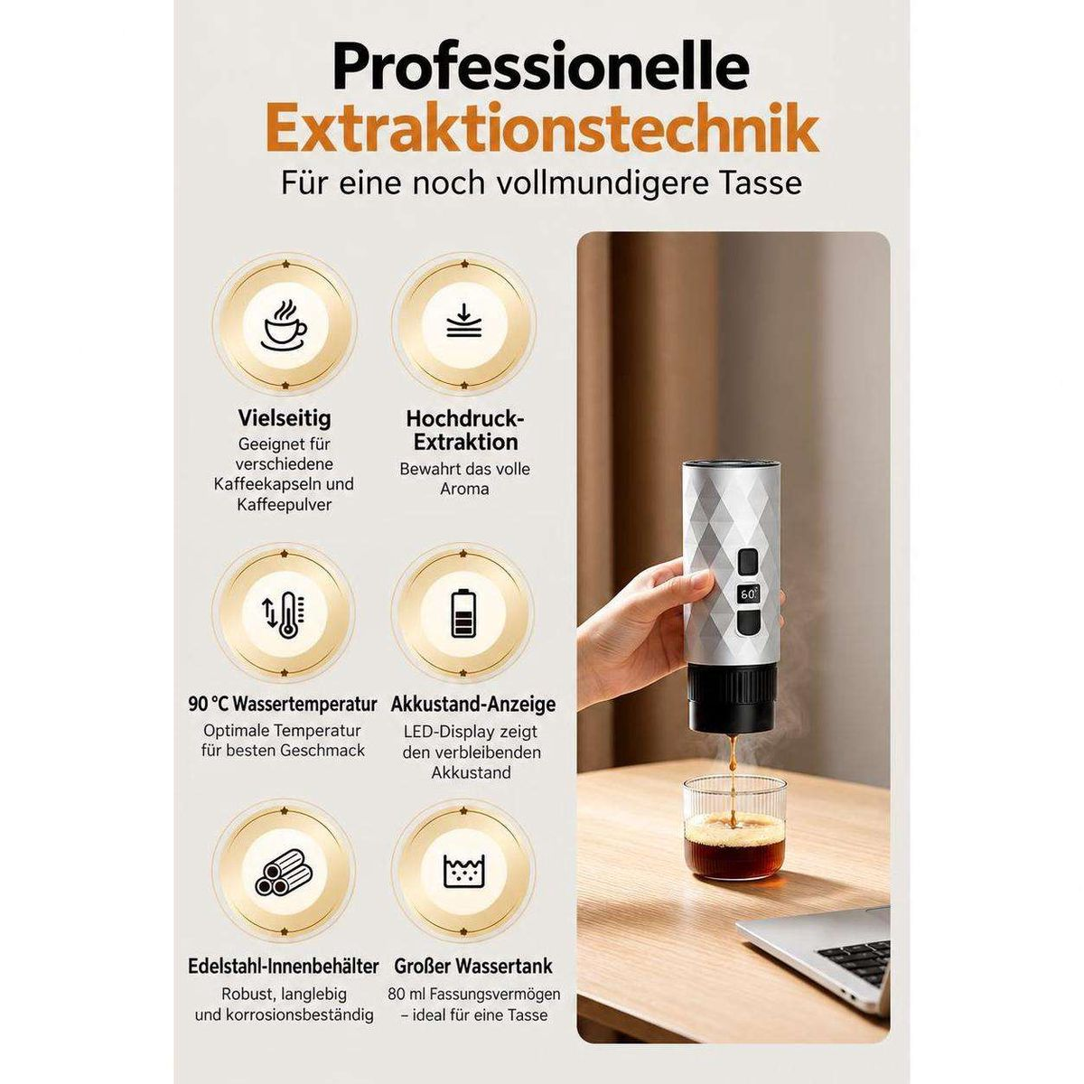 Eine Hand hält eine tragbare Kaffeemaschine, die Kaffee in ein Glas auf einem Holztisch gießt, mit Infografiken links.