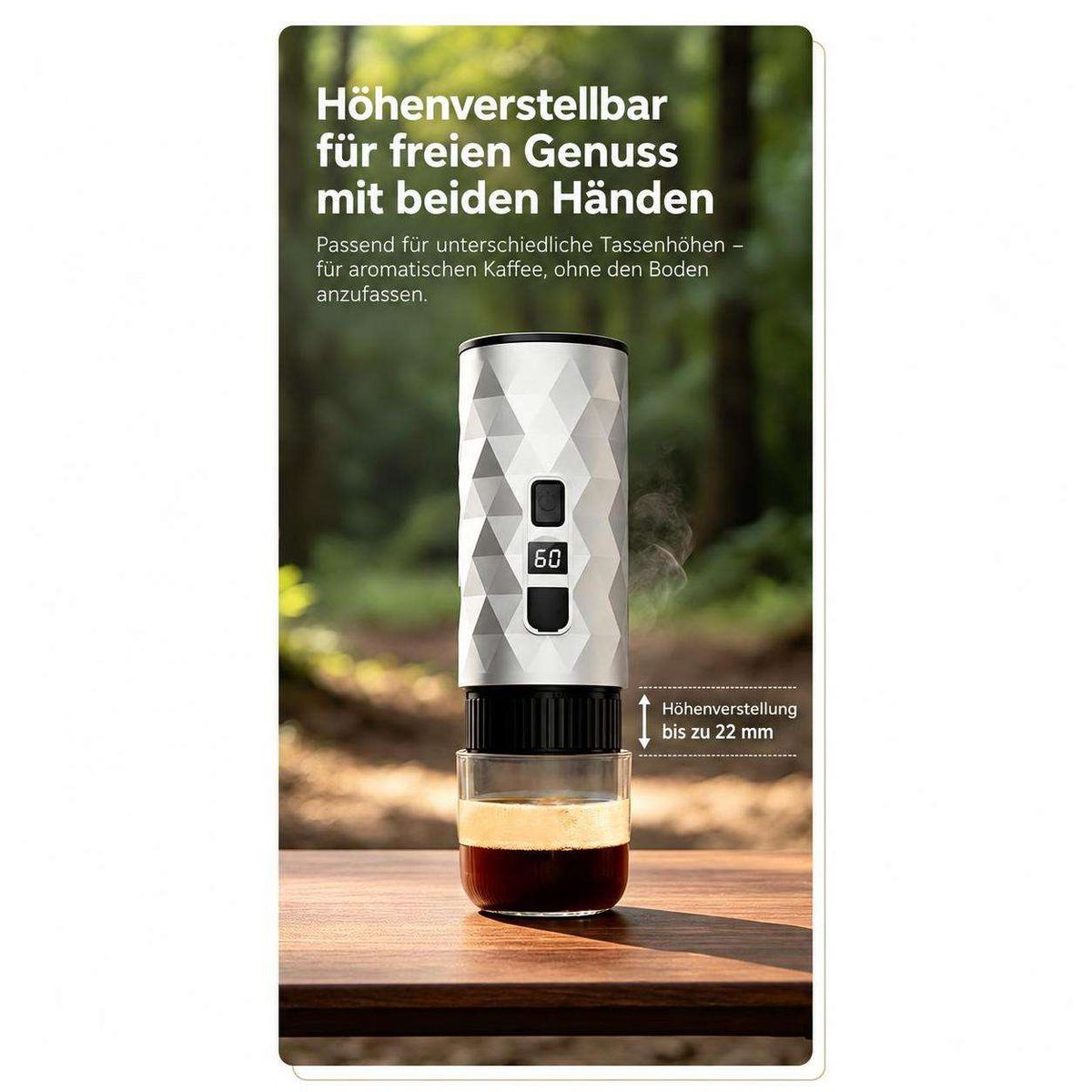 Tragbare Kaffeemaschine mit höhenverstellbarem Design für Tassen auf Holztisch mit Text.
