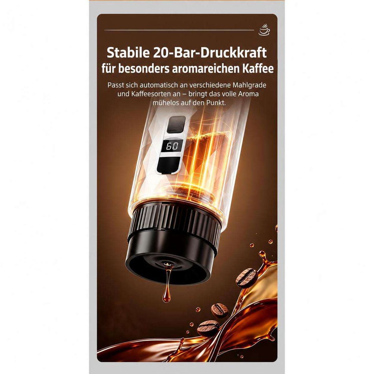 Werbebild für Kaffeemaschine mit 20-Bar-Druckkraft, Kaffeebohnen und flüssigem Kaffee auf braunem Hintergrund.
