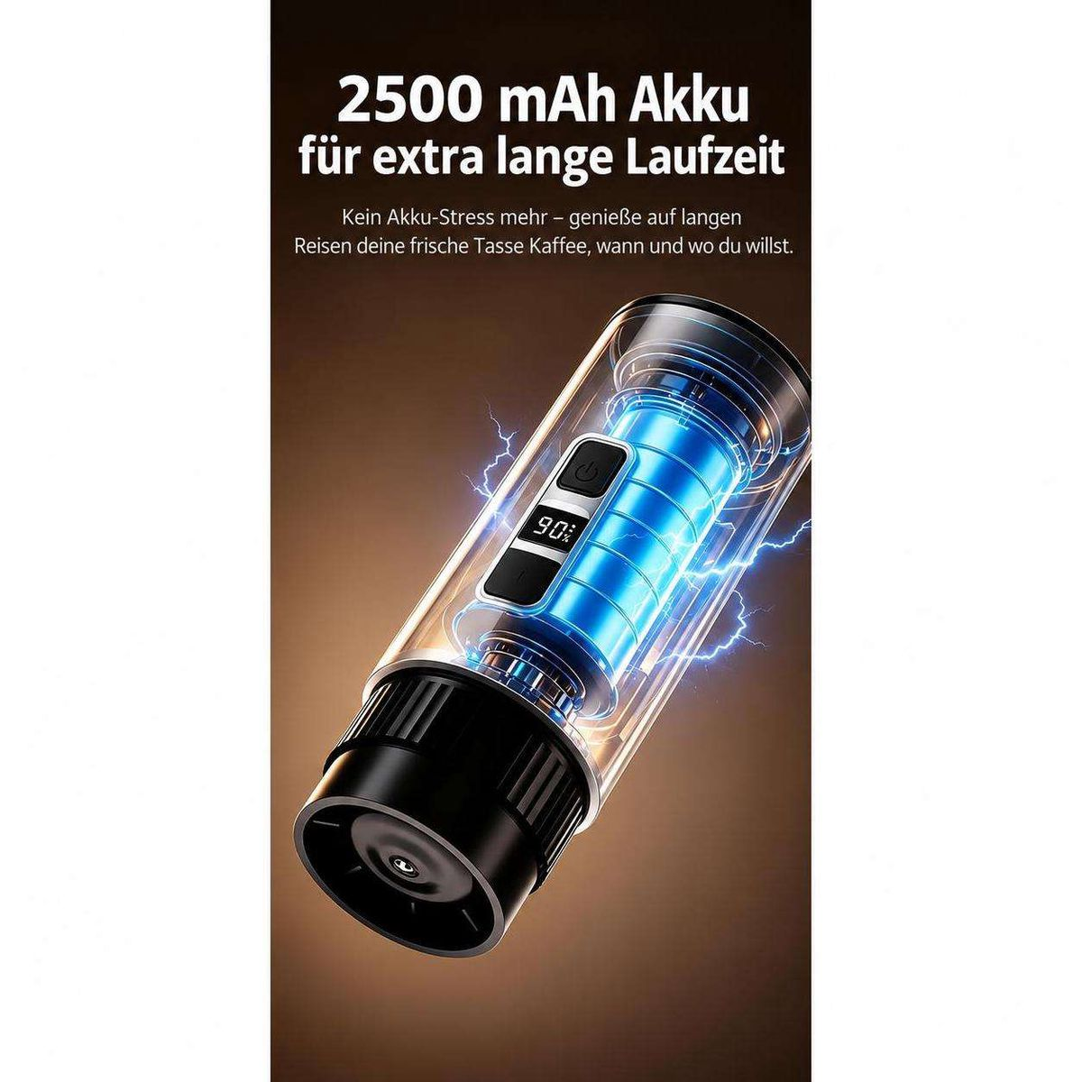 Produktwerbung für einen tragbaren Kaffeebecher mit 2500 mAh Akku und digitaler Anzeige.