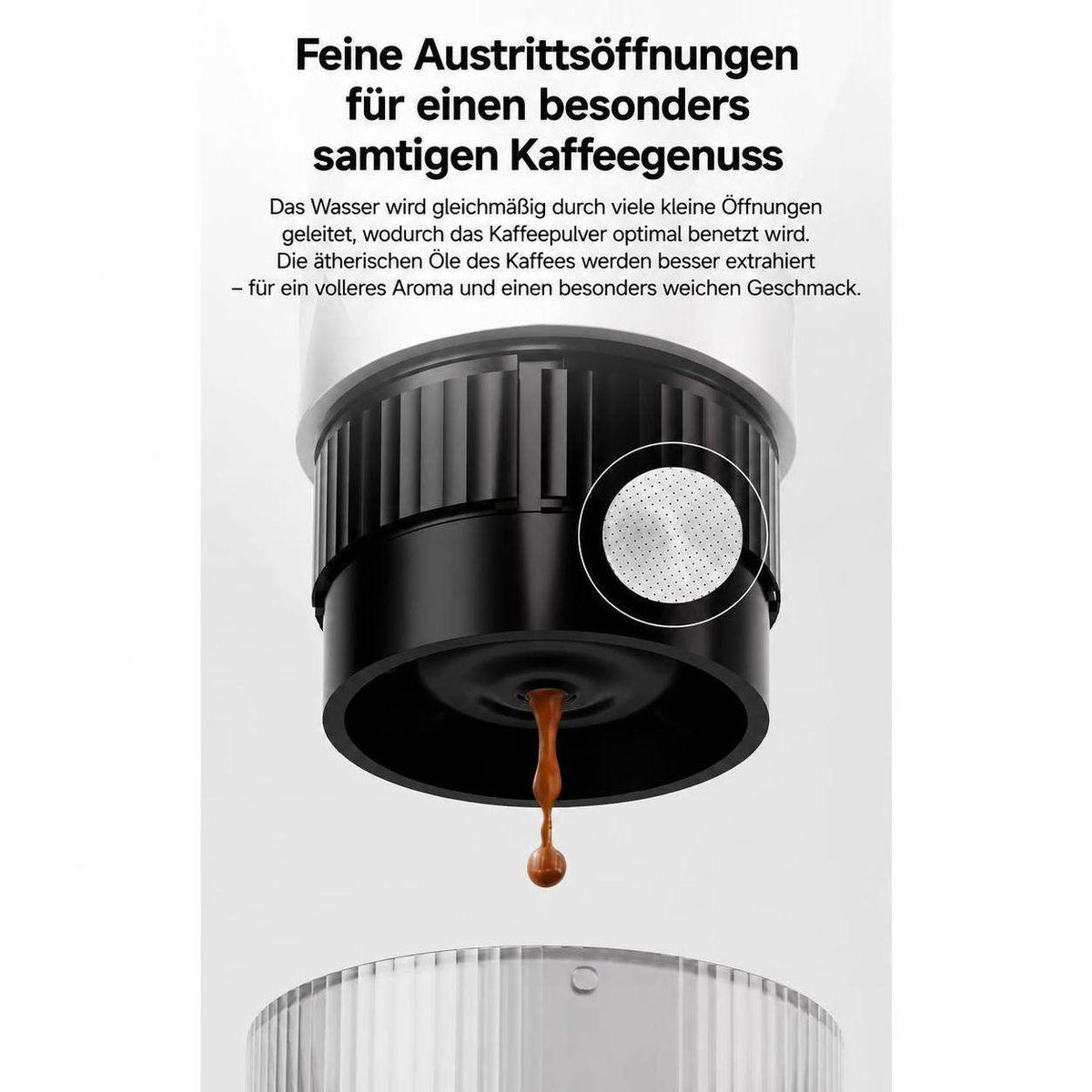 Kaffeemaschinenkomponente mit feinen Austrittsöffnungen für Kaffeegenuss und deutschem Text.