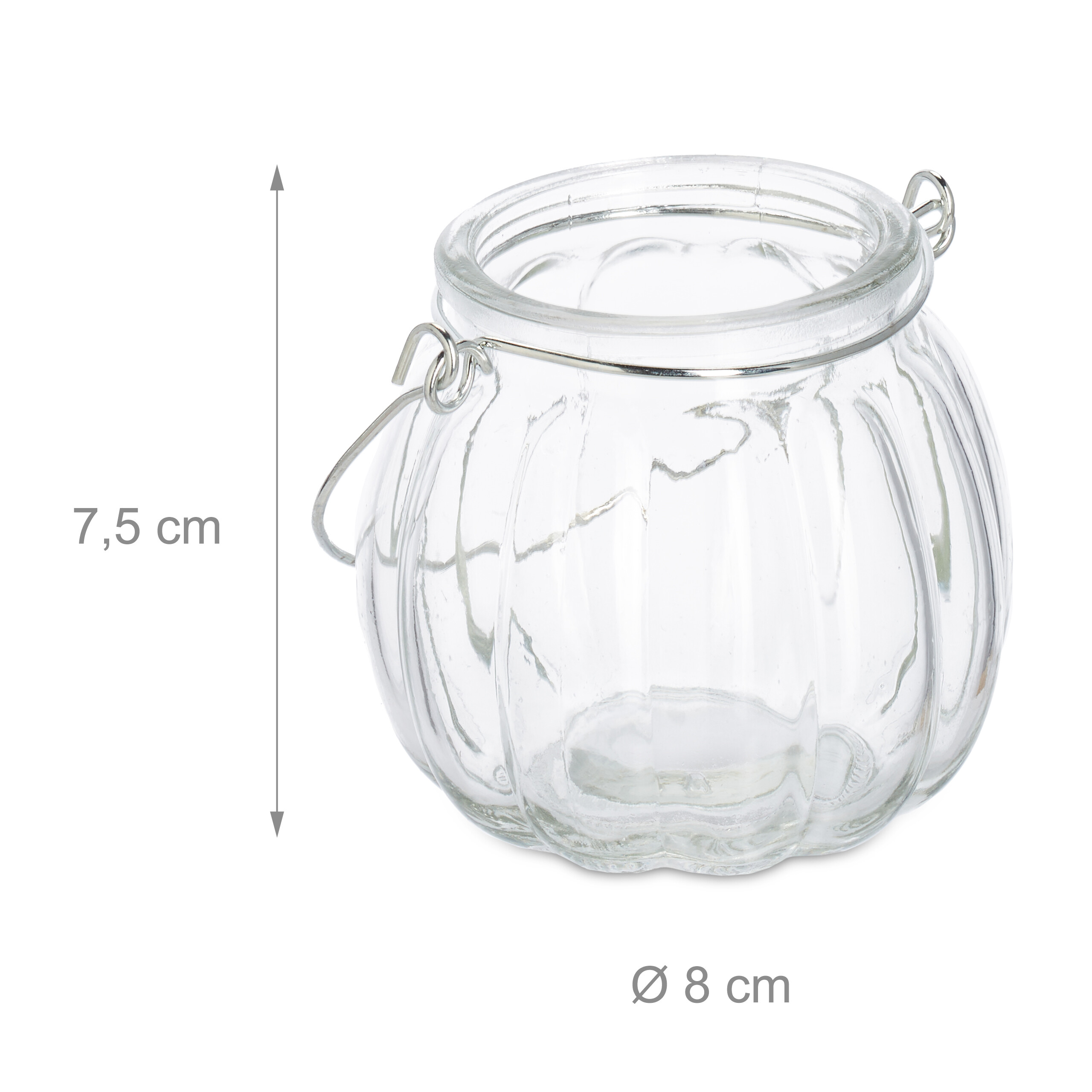 Kleines transparentes Glaswindlicht mit Drahthenkel, Höhe 7,5 cm und Durchmesser 8 cm auf weißem Hintergrund.