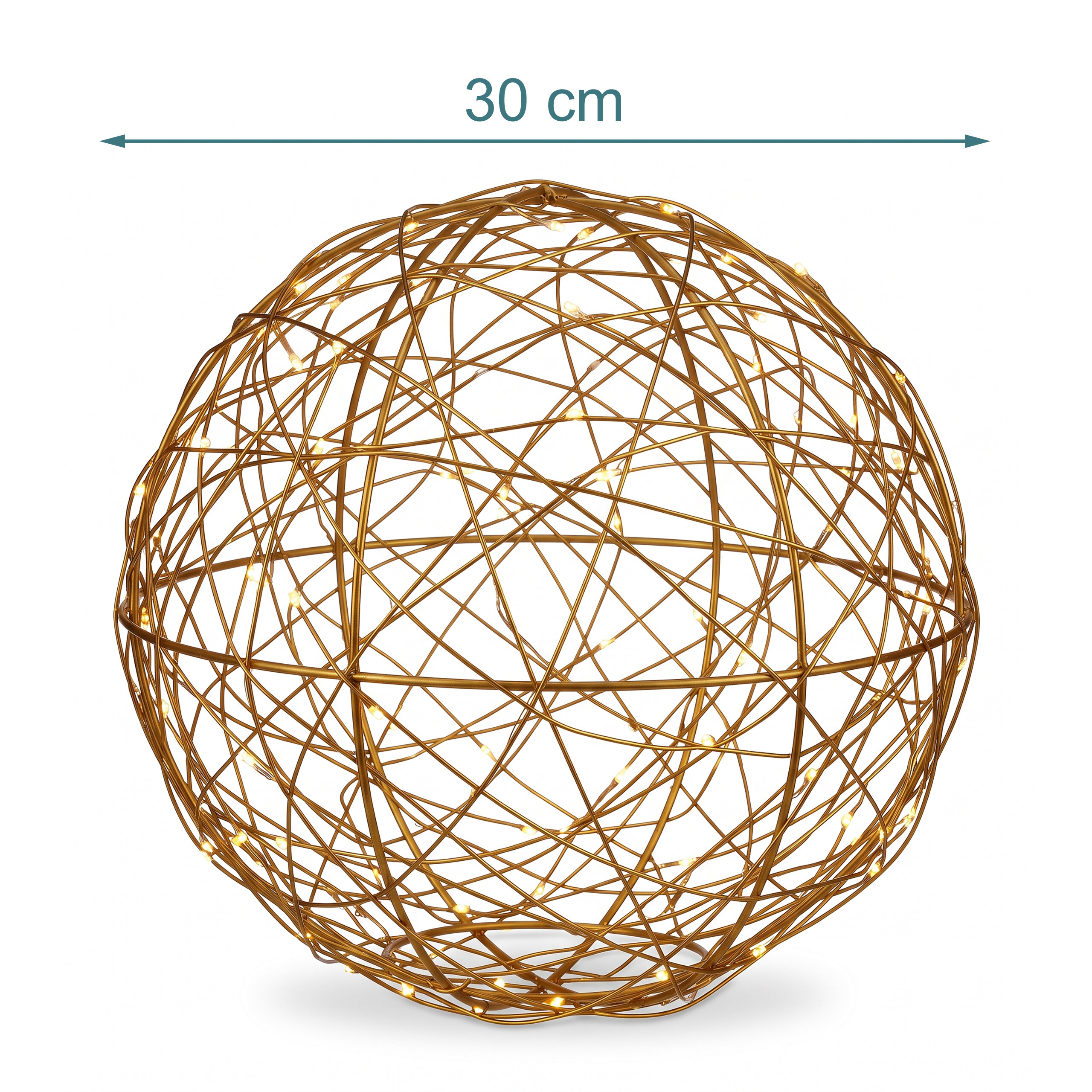 Eine goldene Drahtkugel mit warmen LED-Lichtern und einer Maßangabe von 30 cm oben.