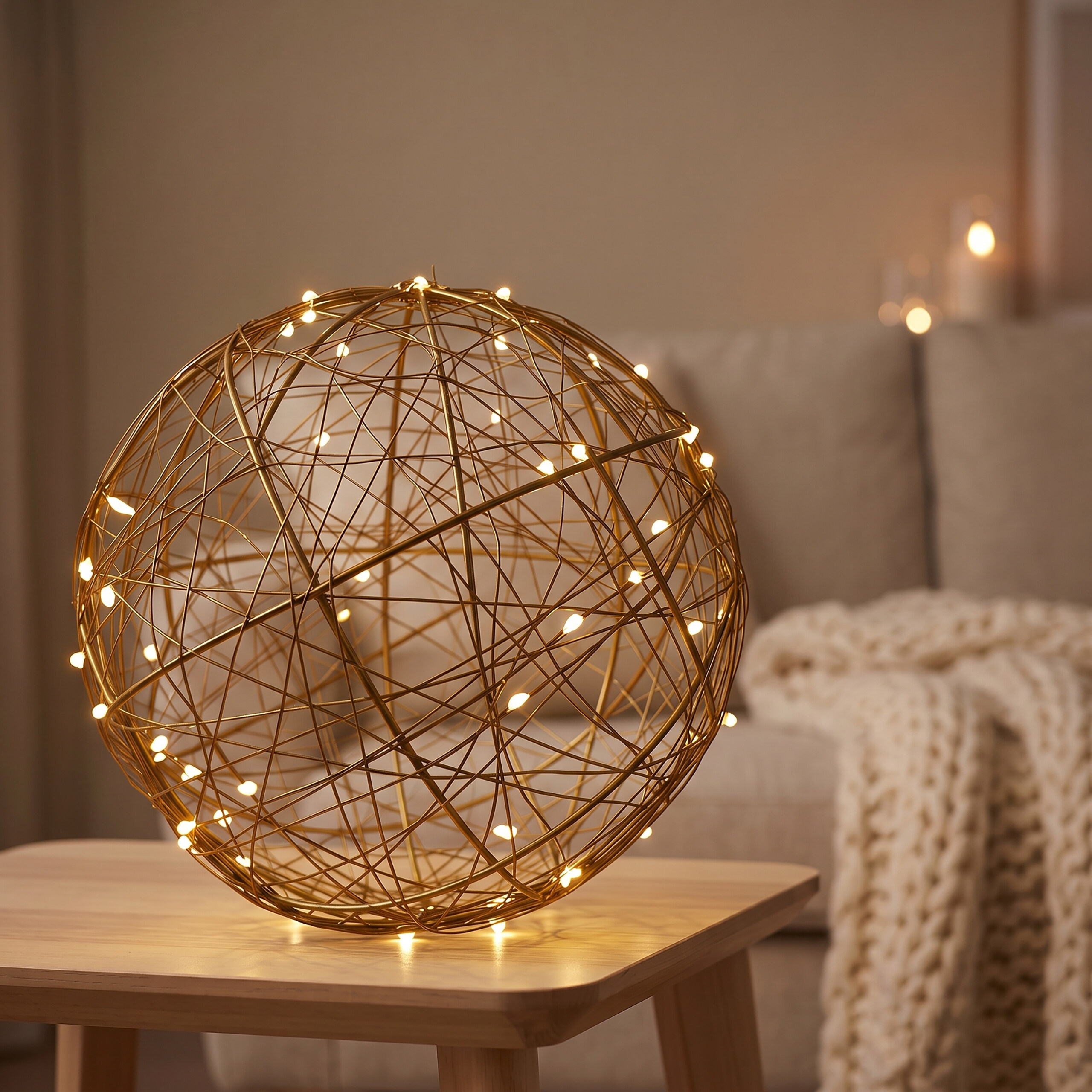 Eine dekorative goldene Drahtkugel mit kleinen Lichtern steht auf einem Holztisch in einem gemütlichen Raum.