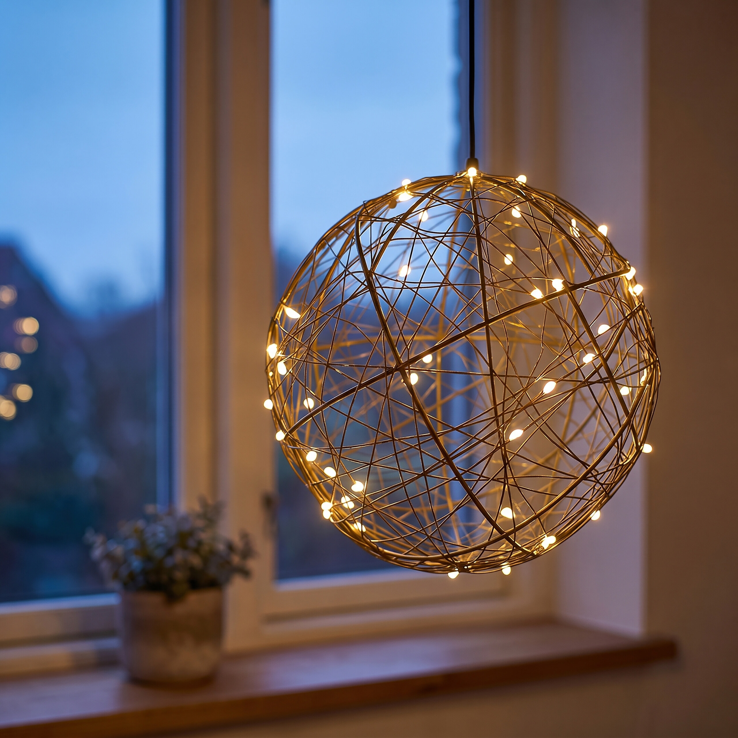 Eine hängende, kugelförmige Drahtlampe mit kleinen warmen Lichtern, davor ein Fenster mit einer Topfpflanze.