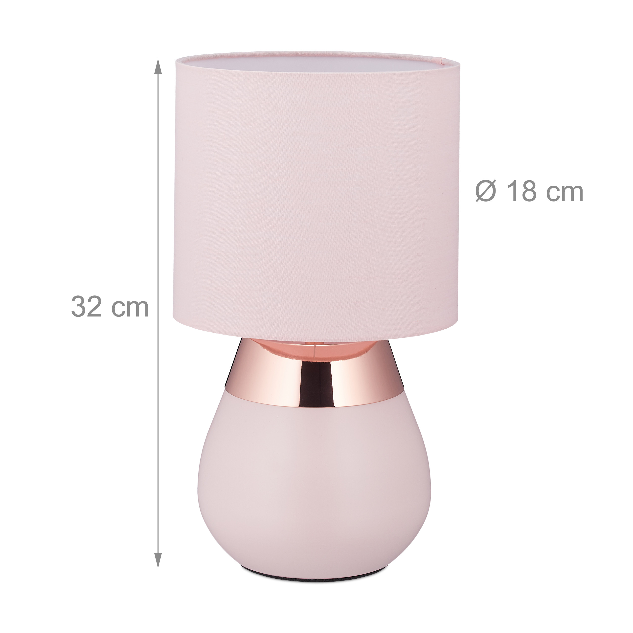 Rosa Tischlampe mit kupfernem Akzent, 32 cm hoch und 18 cm Durchmesser, vor weißem Hintergrund.