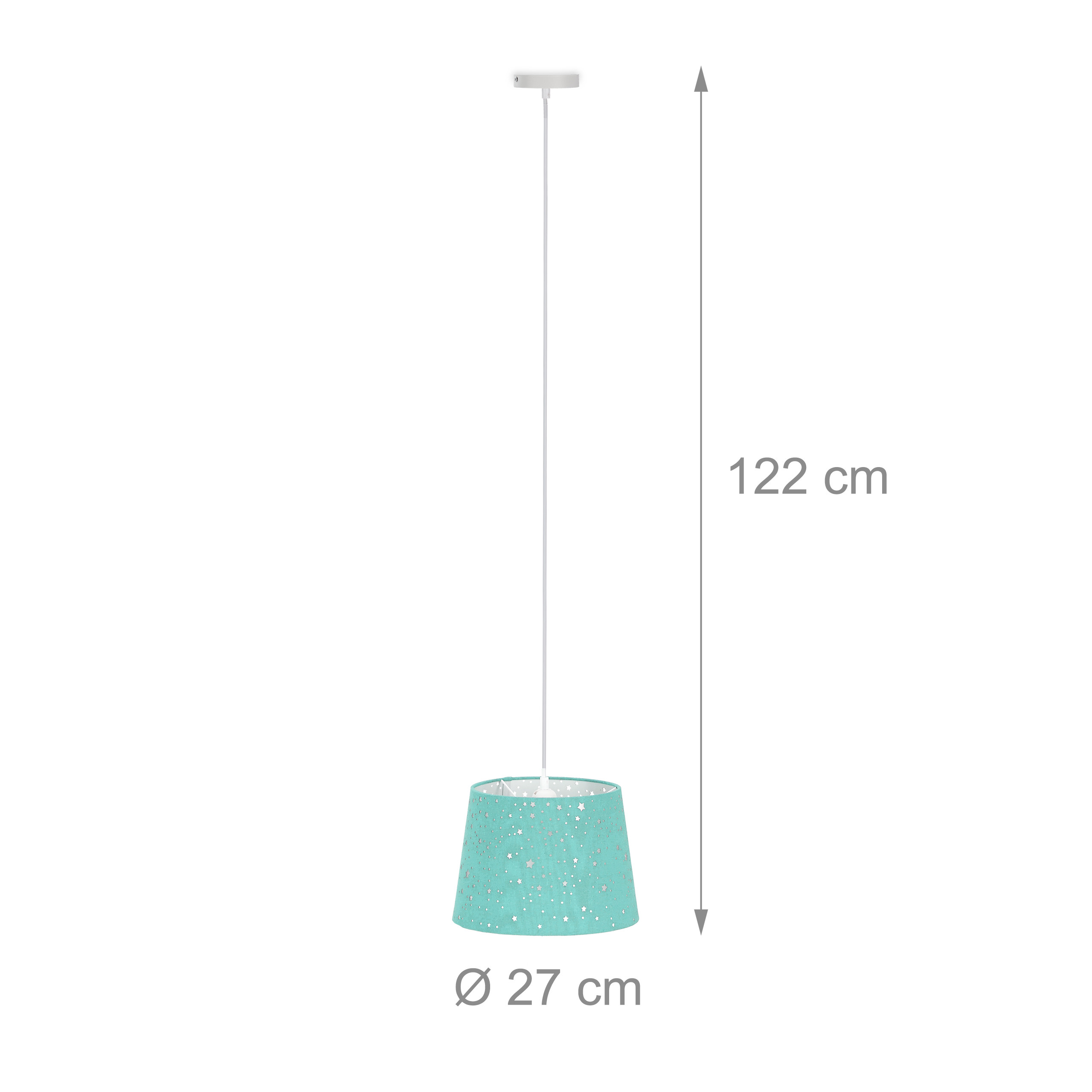 Türkisfarbene Pendelleuchte mit Sternenmotiven, 122 cm hoch und 27 cm im Durchmesser.