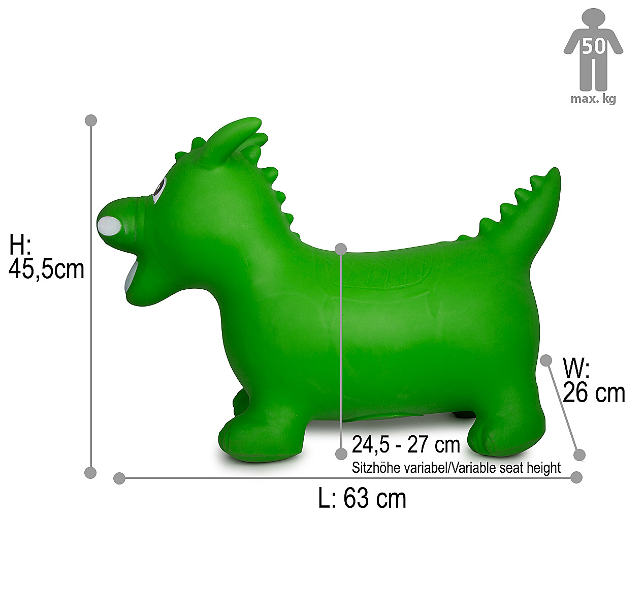 Grünes Hüpftier im Drachen-Design mit Maßangaben für Höhe, Länge, Breite und Sitzhöhe sowie max. 50 kg.