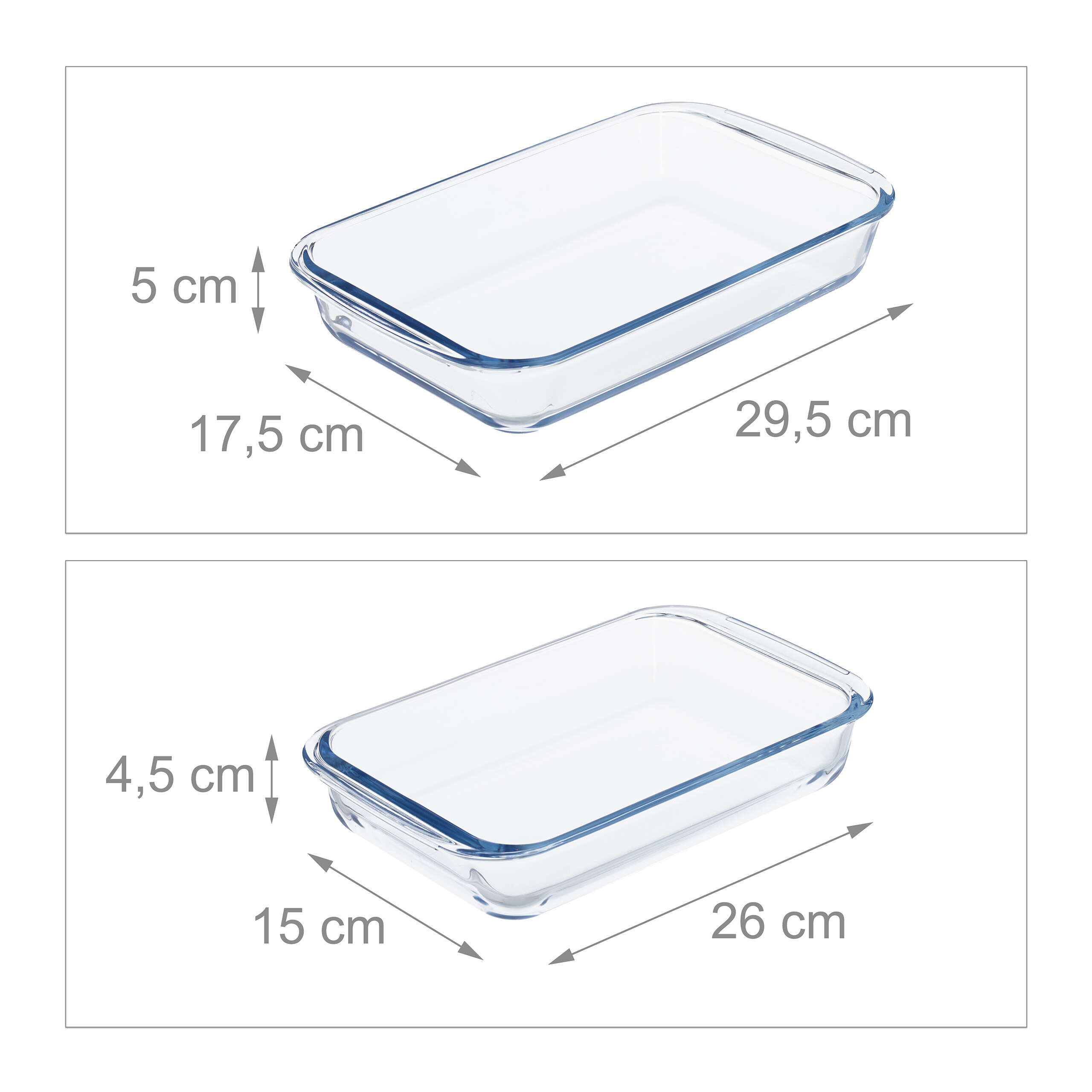 Zwei rechteckige Auflaufformen aus Glas mit Maßangaben für Höhe, Breite und Länge.