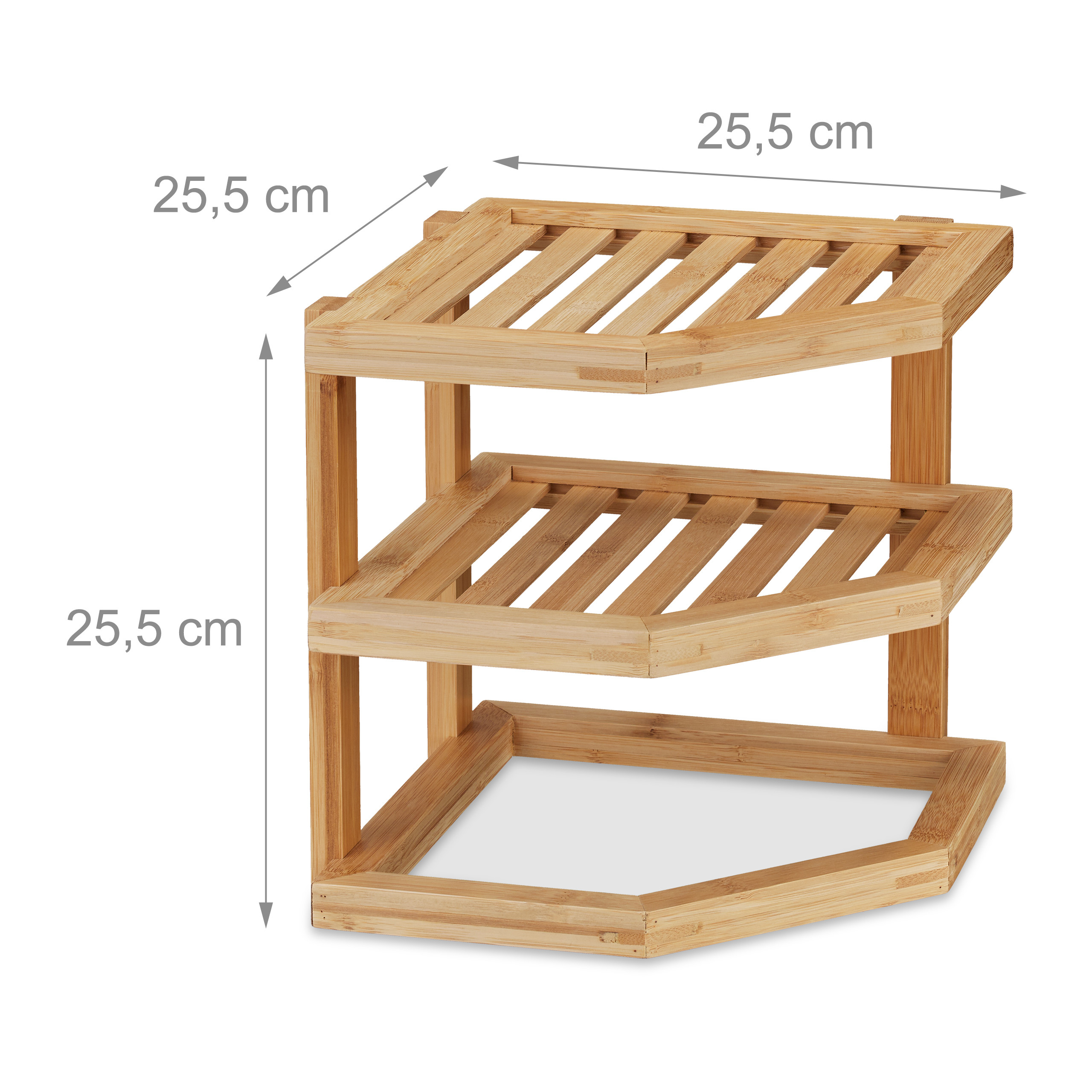 Ein dreistöckiges Eckenregal aus Bambus mit Maßen von 25,5 cm Breite, Tiefe und Höhe.