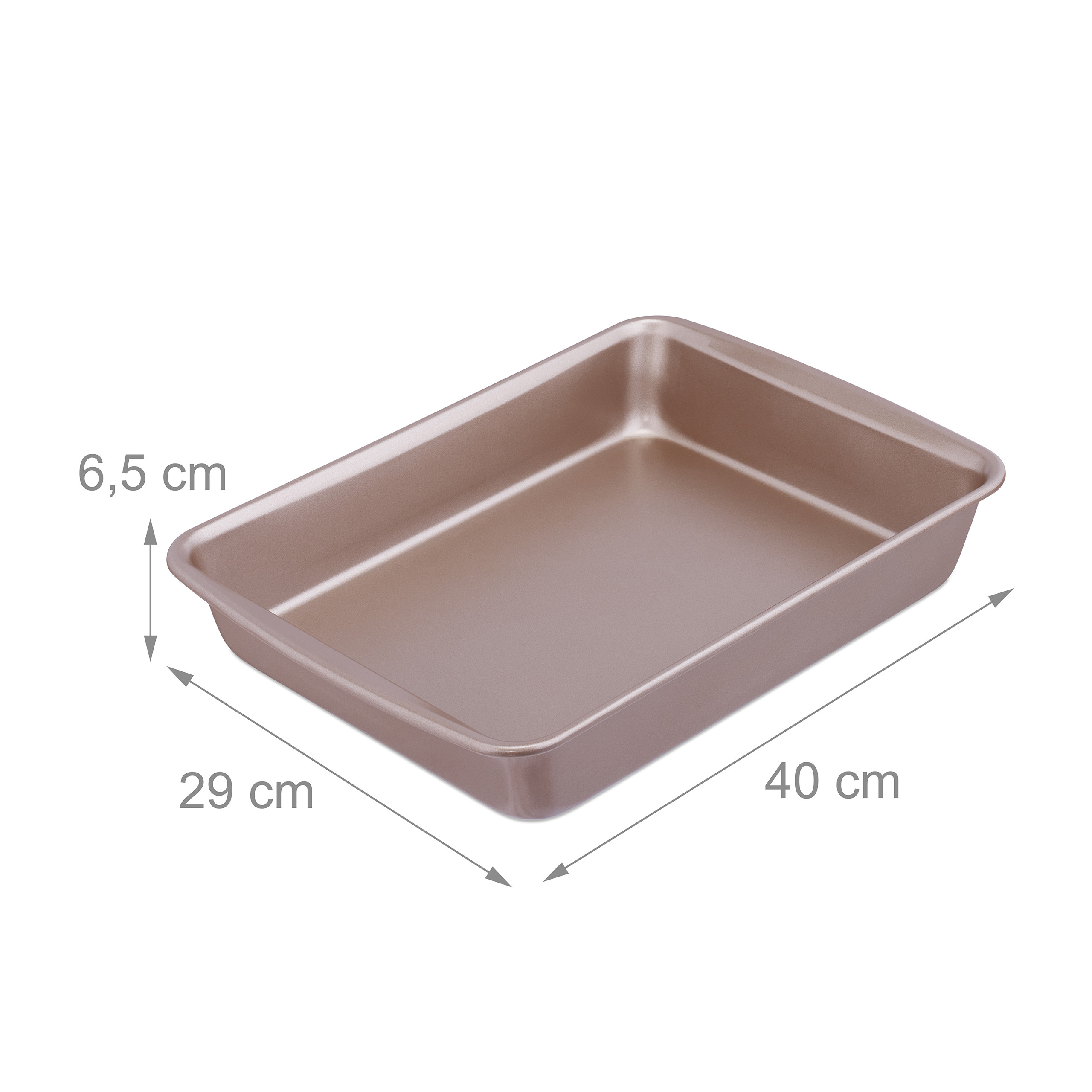 Ein rechteckiges, bronzefarbenes Backblech mit Maßen: 40 cm lang, 29 cm breit und 6,5 cm hoch.