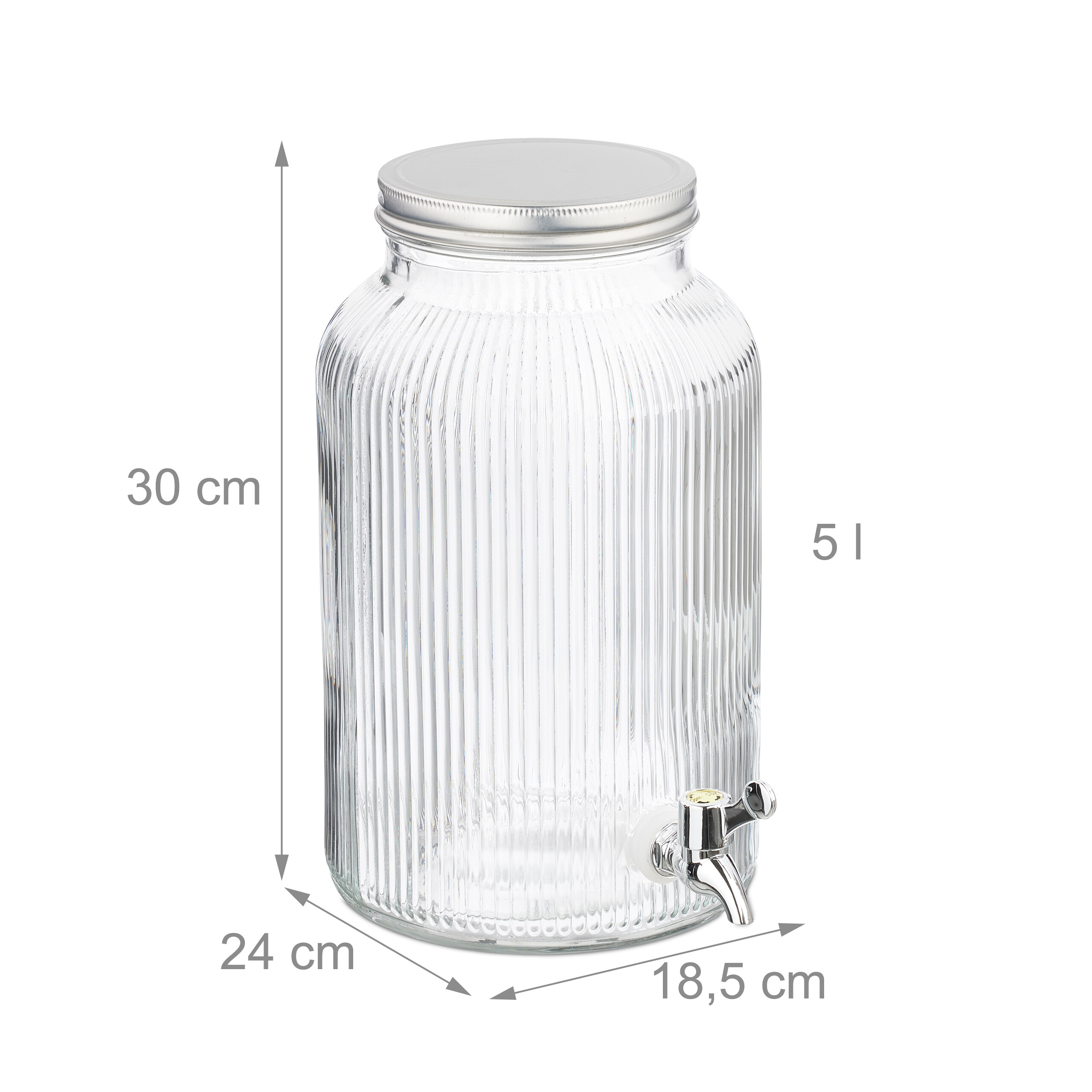 Glas-Getränkespender, 5 Liter, mit silbernem Deckel und Zapfhahn, Maße 30x24x18,5 cm.