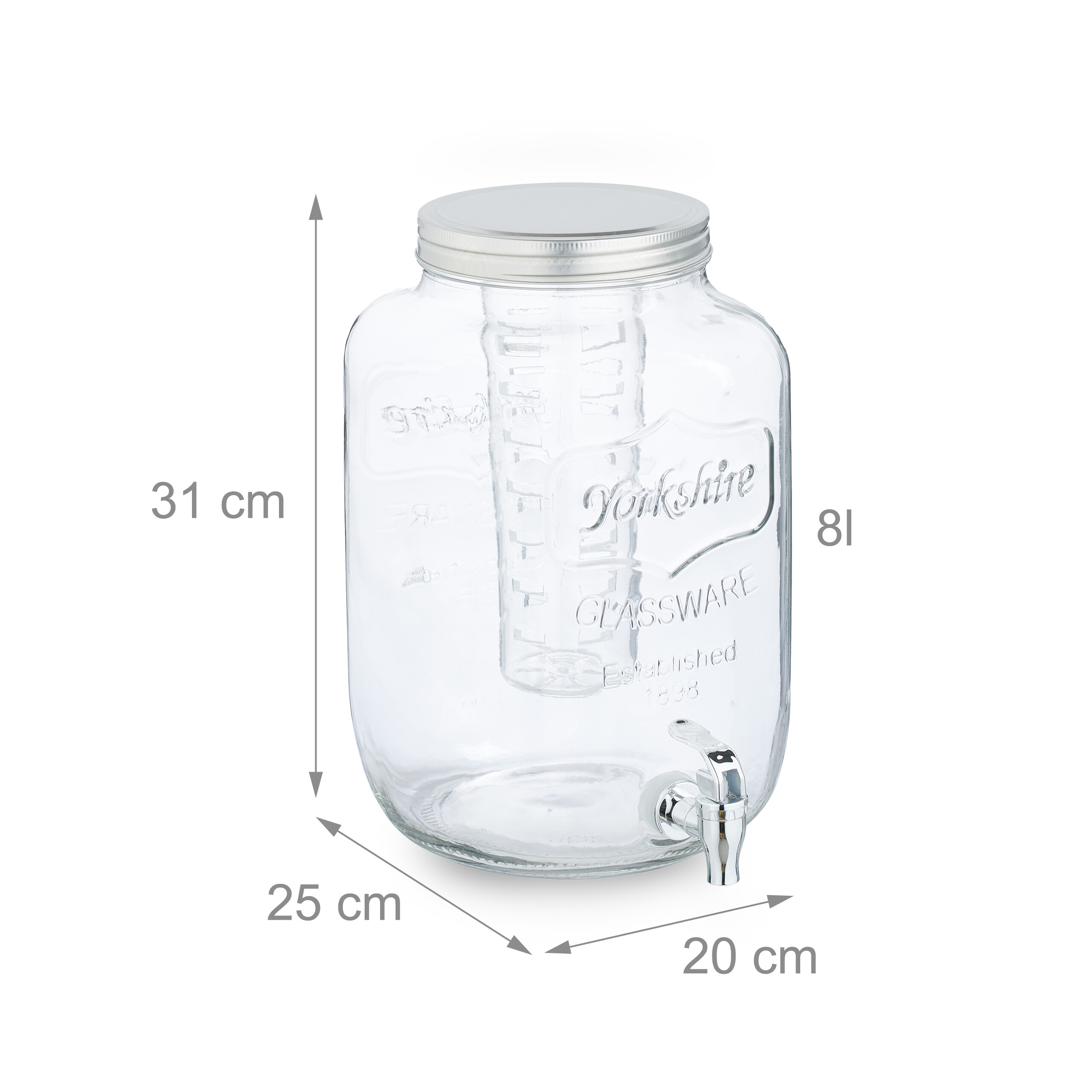 Getränkespender aus Glas mit silbernem Deckel, Zapfhahn, Einsatz und Maßangaben: 31cm, 25cm, 20cm, 8l.