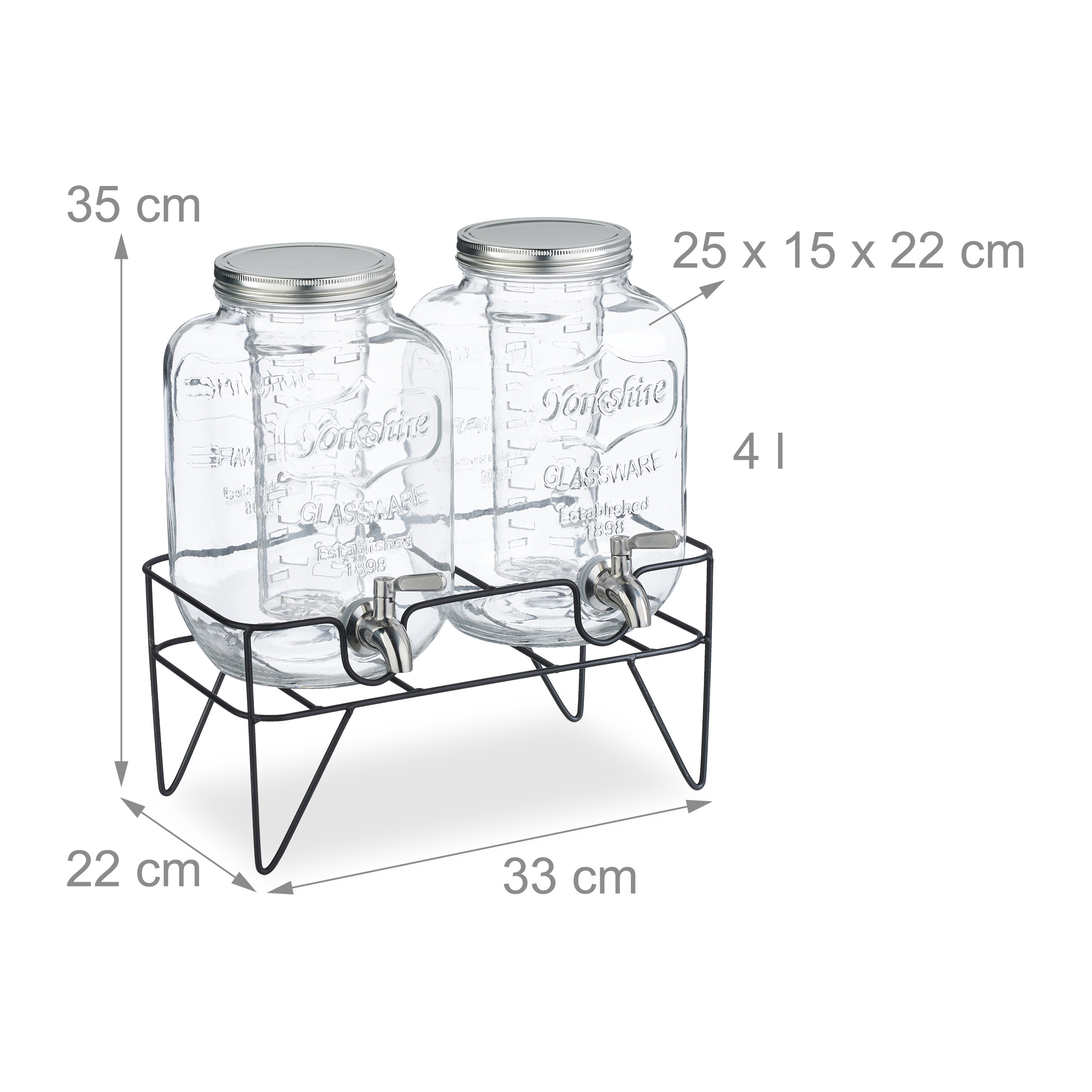 Zwei große Glas-Getränkespender mit Silberdeckeln auf einem schwarzen Metallständer, mit cm-Maßangaben.