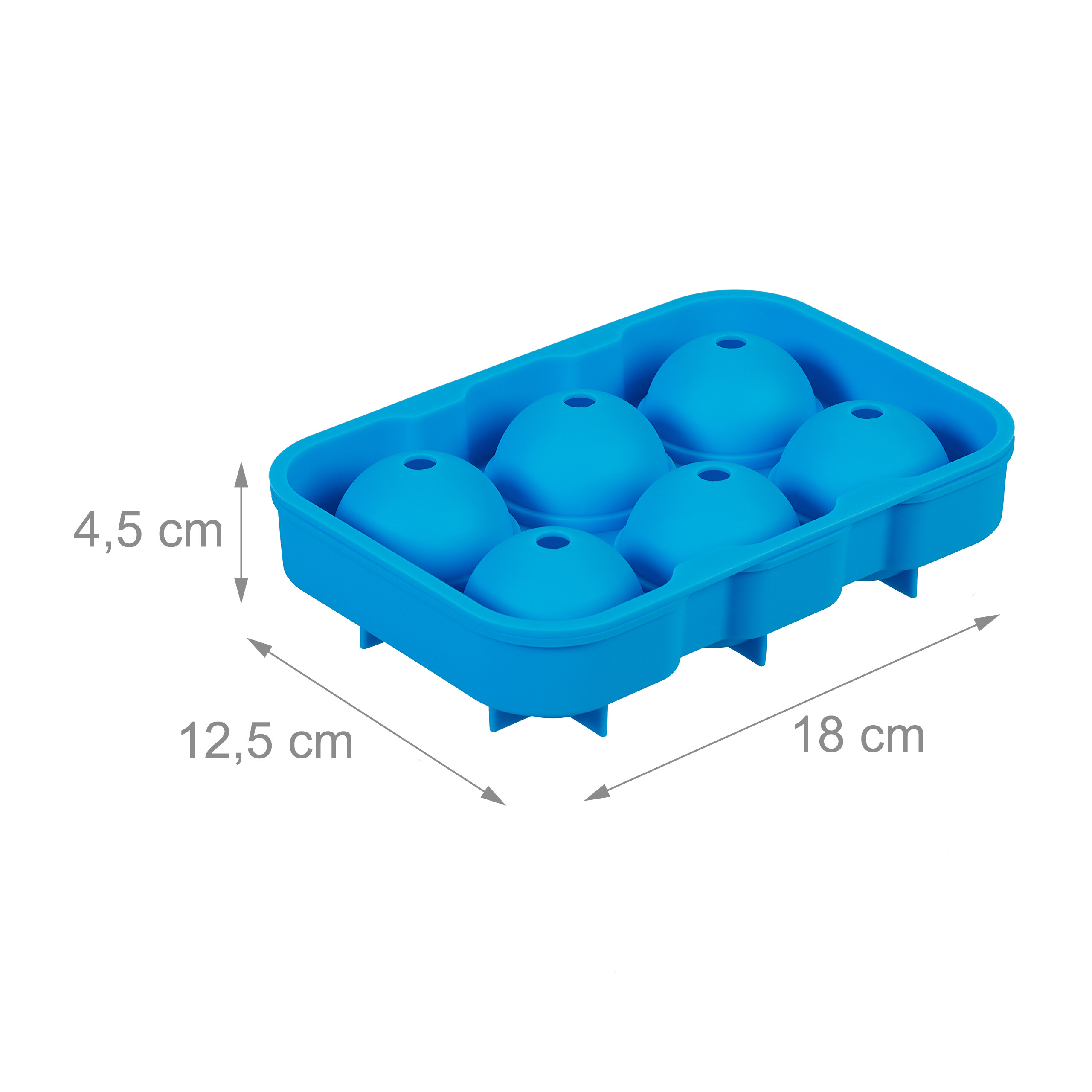 Blaue Silikon-Eiskugelform mit Maßen von 18 x 12,5 x 4,5 cm auf weißem Hintergrund.