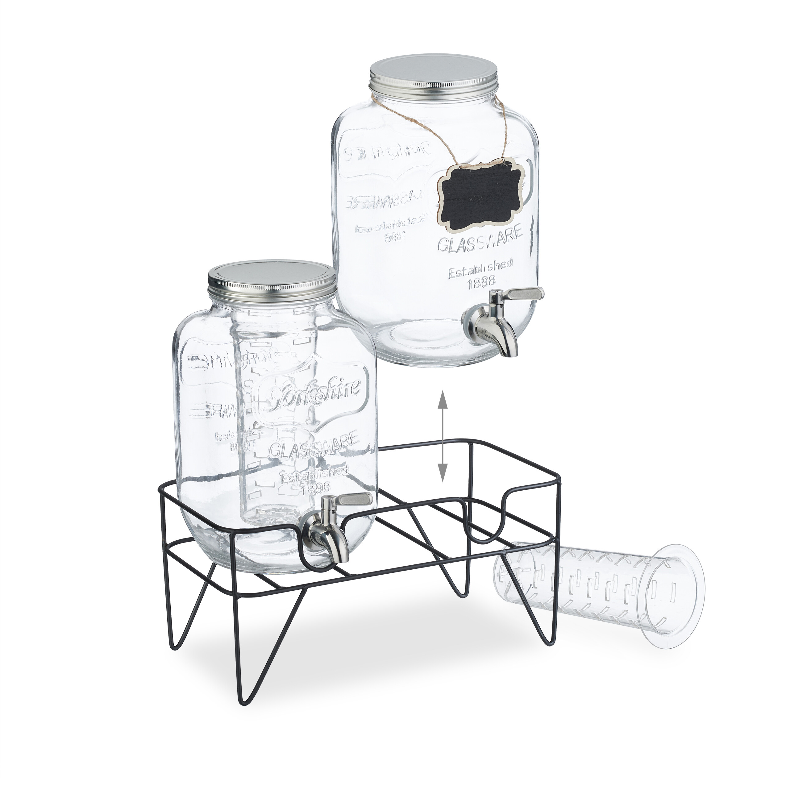 Zwei Glas-Getränkespender mit Zapfhähnen, Metalldeckeln und einem schwarzen Drahtgestell.